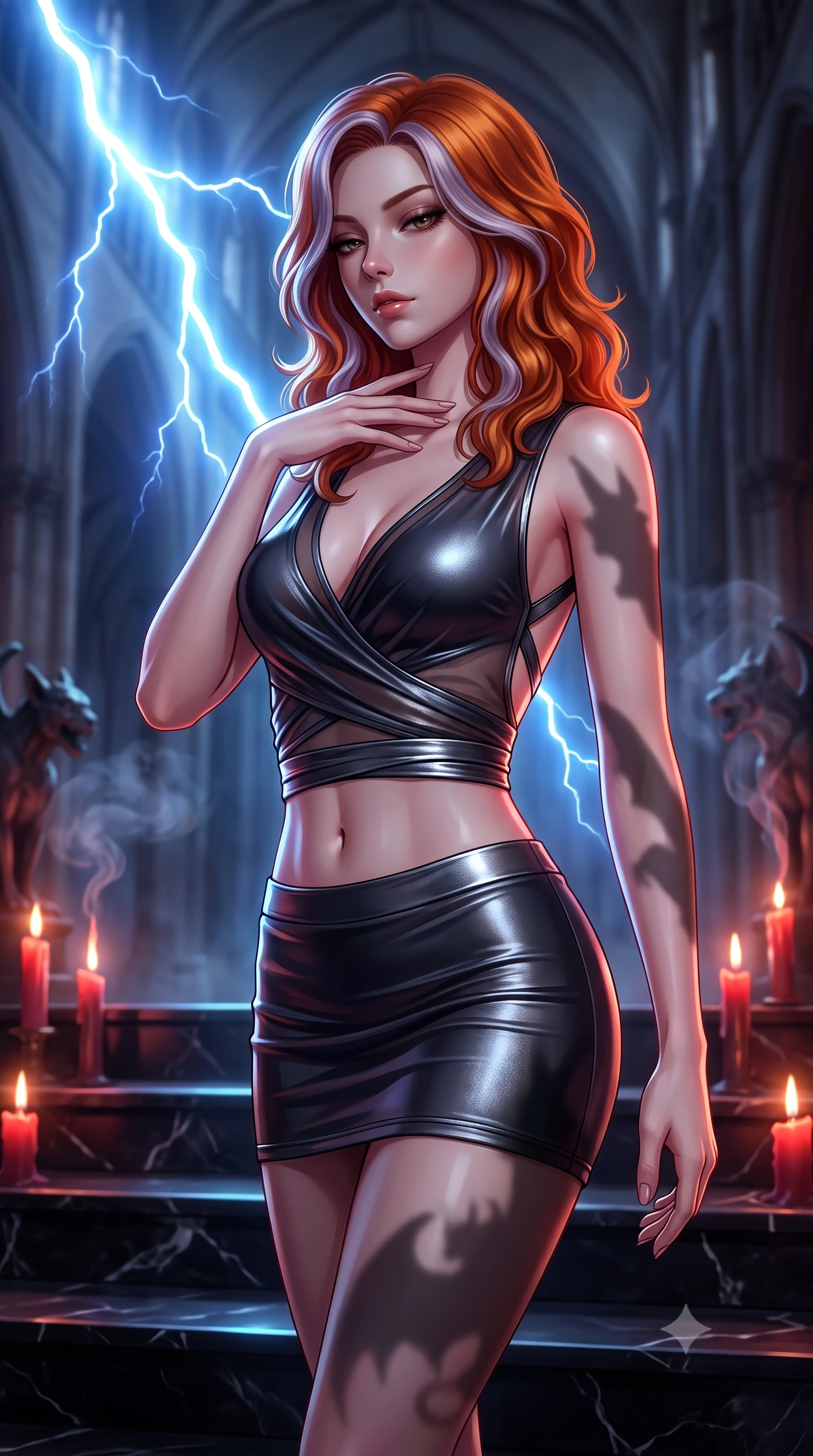 score_9, masterpiece, best quality, ultra-detailed, high-budget anime keyframe, semi-realistic 3D game render, editorial fashion photography, tasteful artistic composition, Caucasian woman. close-up cowboy shot from the waist and thighs up, the character dominates the composition, filling the frame with her large presence. resting her fingers lightly against her throat while looking down with a smoldering, haughty yet intensely captivating glance while pivoting dynamically on polished black marble cathedral steps as shadows of Gothic gargoyles flicker across her statuesque silhouette. The composition keeps background elements in soft focus with creamy bokeh. soaring gothic cathedral vaults and drifting incense smoke softened in dark, moody shallow depth of field. She has an exceptionally elegant, slender, and willowy female figure with an ultra-slim waist, a gracefully sculpted slender torso, toned flat midriff, and a refined slim silhouette. sharp v-shaped jawline, high-bridge nose, intricate jewel-like eyes with depth, thick eyelashes, glossy lips with a natural sheen, flawlessly proportioned anatomical accuracy, strict slender model proportions, natural body alignment, perfectly sculpted long slender limbs, ultra-slim waistline, clean dynamic posture without body distortion. wearing a shortened dark gothic-fusion wrap top with transparent chiffon panels, a deep crossover neckline, and a metallic waist sash in dark monochrome black and high-contrast pale skin accents, made of liquid metal jersey that clings flawlessly to every contour of her build, complemented by criss-cross back straps highlighting her completely bare spine, the liquid-tight tailored fabric emphasizing every curve of her tall, slender model proportions and sculptured silhouette during dynamic movement. bathed in dramatic blue lightning flashes and warm flickering crimson candlelight backlighting. rich saturated anime colors with deep moody shadows, detailed chiaroscuro shading with soft gradients, rich glossy textures, high-contrast stereoscopic depth, volumetric dynamic shadow lighting, master piece, 9:16 ratio