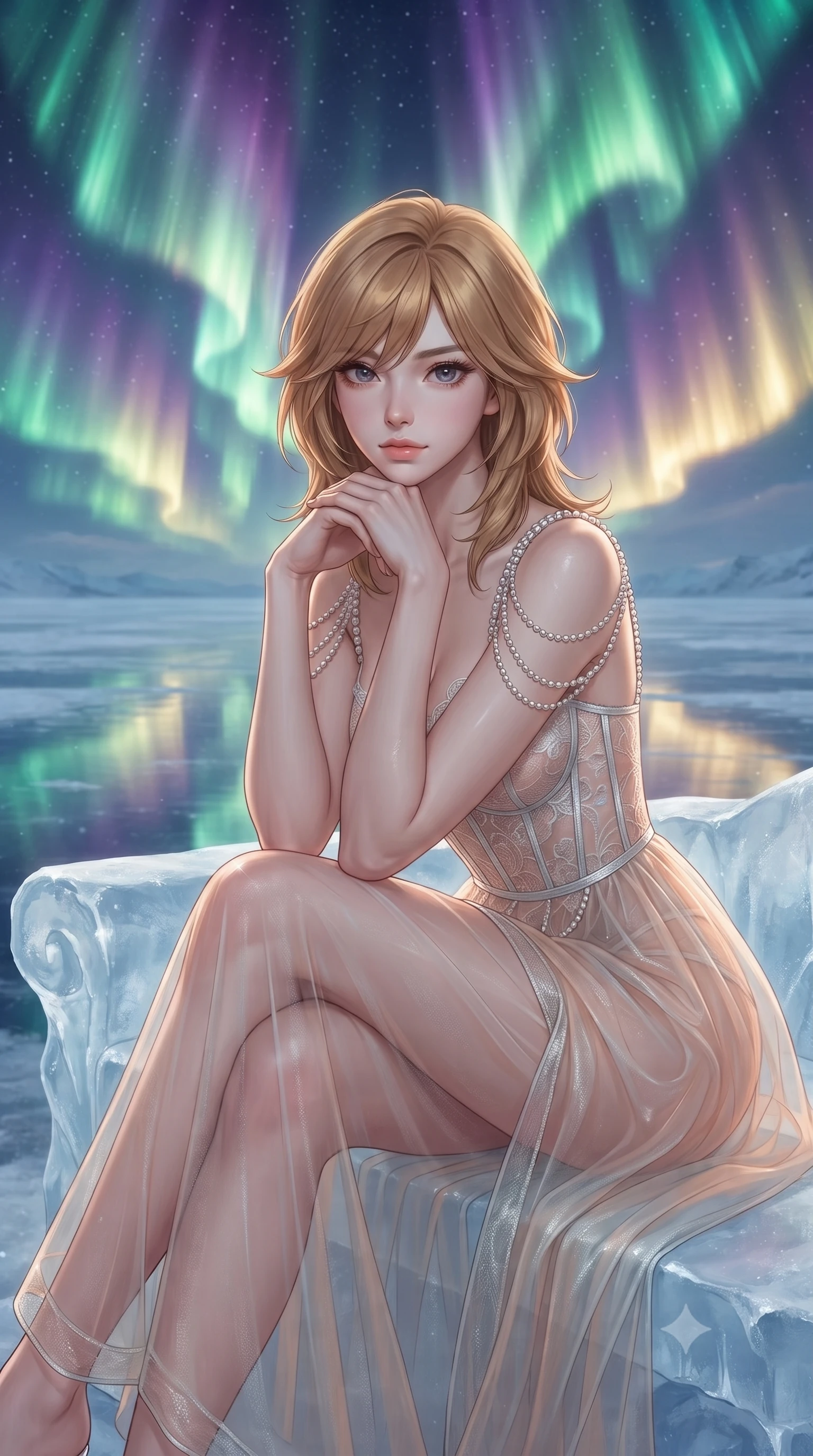 score_9, masterpiece, best quality, ultra-detailed, high-budget anime keyframe, editorial fashion photography, tasteful artistic composition, Korean woman. close-up cowboy shot from the waist and thighs up, the character dominates the composition, filling the frame with her large presence, background elements kept in soft focus. Resting her chin on the backs of her fingers in a confident pose. set against a soft-focus background of a vast pristine frozen plain stretching to infinity under the most spectacular aurora borealis display with enormous curtains of green purple and gold light dancing and rippling across the entire sky reflected in the ice. She has an exceptionally elegant and slender, willowy female figure with an ultra-slim waist, a gracefully sculpted slender torso, and a refined slim physique. sharp v-shaped jawline, high-bridge nose, intricate jewel-like eyes with depth, thick eyelashes, glossy lips with a natural sheen. wearing a translucent gossamer gown in pale peach and silver, with pearl-chain straps and a structured lace corset bodice. the aurora overhead casting shifting curtains of green purple and gold light that sweep across the ice plain with the ice surface reflecting and doubling the aerial light show. 2k, ultra detail, master piece, 9:16 ratio