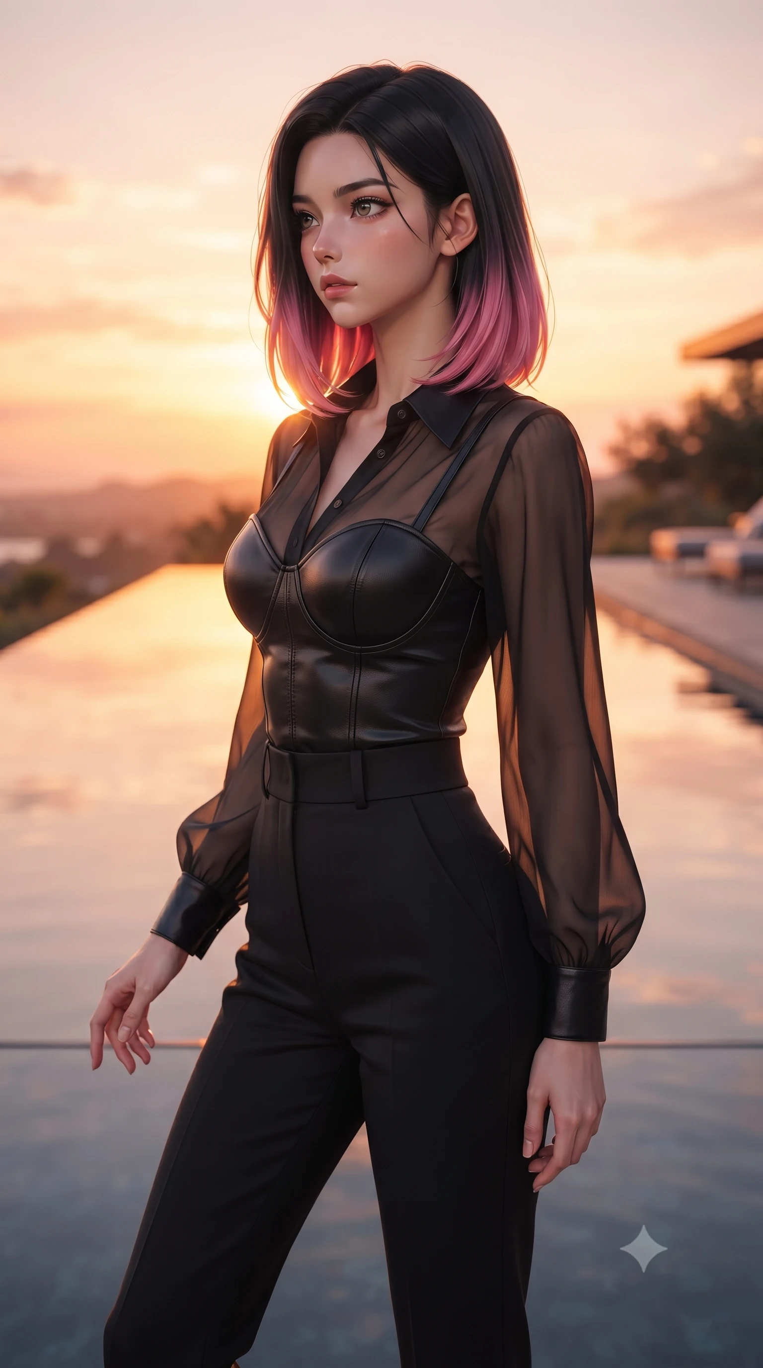 score_9, masterpiece, best quality, ultra-detailed, high-budget anime keyframe, editorial fashion photography, tasteful artistic composition, Korean woman. close-up cowboy shot from the waist and thighs up, the character dominates the composition, filling the frame with her large presence, background elements kept in soft focus. Gazing past the camera with an air of effortless elegance and mysterious confidence poised beside a infinity reflecting pool mirroring a warm sunset sky, golden hour sunbursts creating a majestic rim lighting effect. She has an exceptionally elegant, slender, and willowy female figure with an ultra-slim waist, a gracefully sculpted slender torso, and a refined silhouette. sharp v-shaped jawline, high-bridge nose, intricate jewel-like eyes with depth, thick eyelashes, glossy lips with a natural sheen. wearing a tailored leather bustier over a sheer silk chiffon blouse with tailored slacks, the tailored fabric tightly following every curve of her athletic build. bathed in glorious golden hour sunbeams and warm rose-gold ambient light. ultra-reflective glossy finish, specular highlights, metallic sheen, high-contrast stereoscopic depth, volumetric dynamic lighting, 2k, ultra detail, master piece, 9:16 ratio