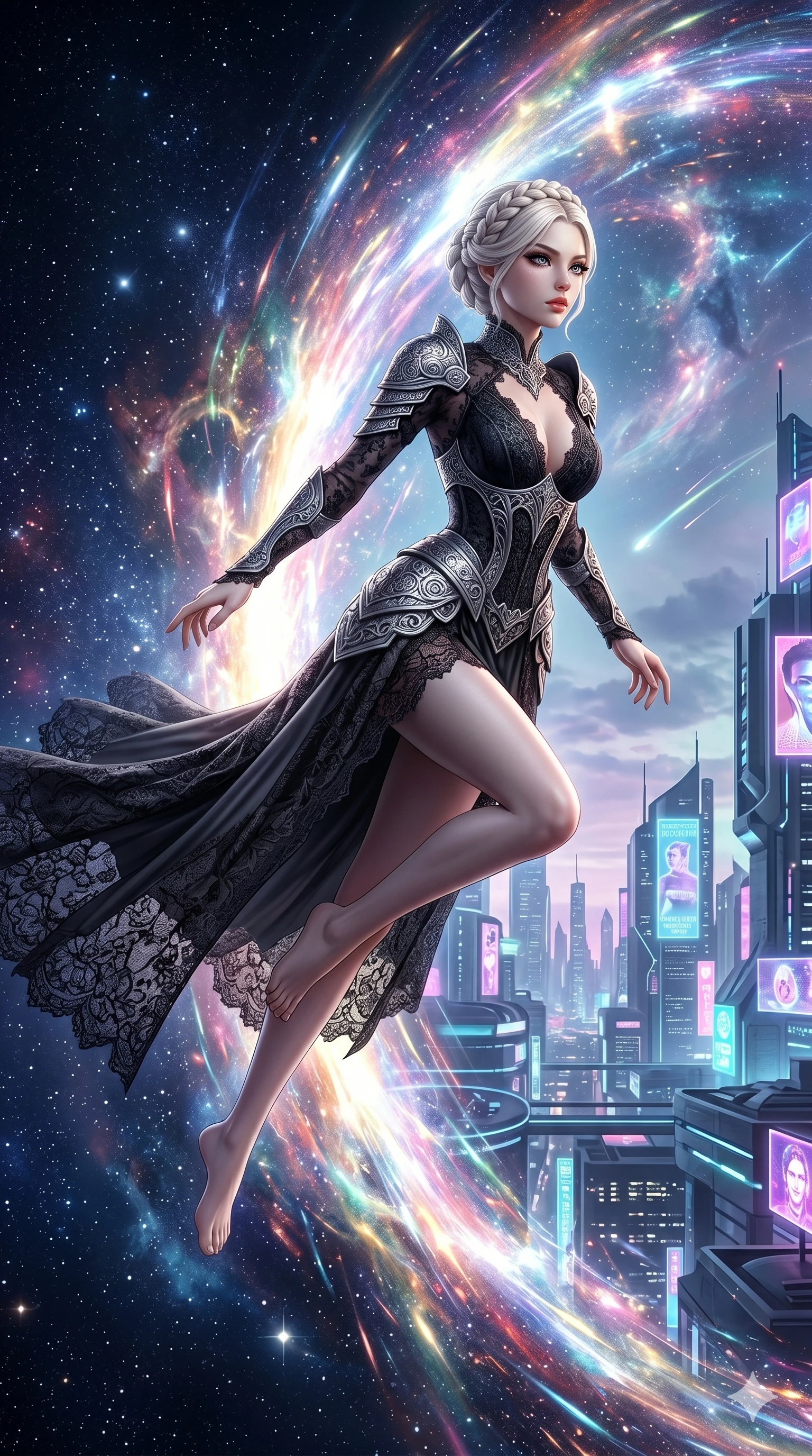 score_9, masterpiece, best quality, ultra-detailed, Set A: Photorealistic 8k CG, Japanese woman. Low angle cowboy shot filling the entire 9:16 frame with her statuesque presence. Leaping through a portal made of swirling light and color into a futuristic city. She has an absolutely perfect 8-heads proportion, an exceptionally tall and slender female figure with elegant long slender legs and an slender waist. Sharp v-shaped jawline, high-bridge nose, intricate jewel-like eyes with depth, thick eyelashes, glossy lips. Wearing a Dark Fantasy outfit: gothic lace corset gown with silver armor and a v-neckline. Background is a bright and colorful transition between a cosmic void and a neon-lit metropolis. 2k, ultra detail, master piece, 9:16 ratio