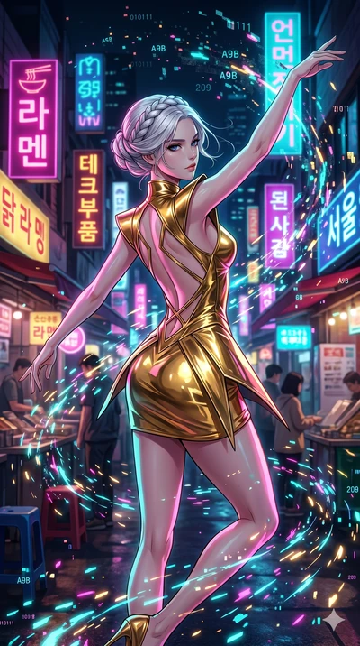 score_9, masterpiece, best quality, ultra-detailed, Set A: High-budget Anime Keyframe, Japanese woman. Upper body close-up from the thighs up, character filling the screen for maximum presence. Dancing through a neon-lit Neo-Seoul market, while a dig