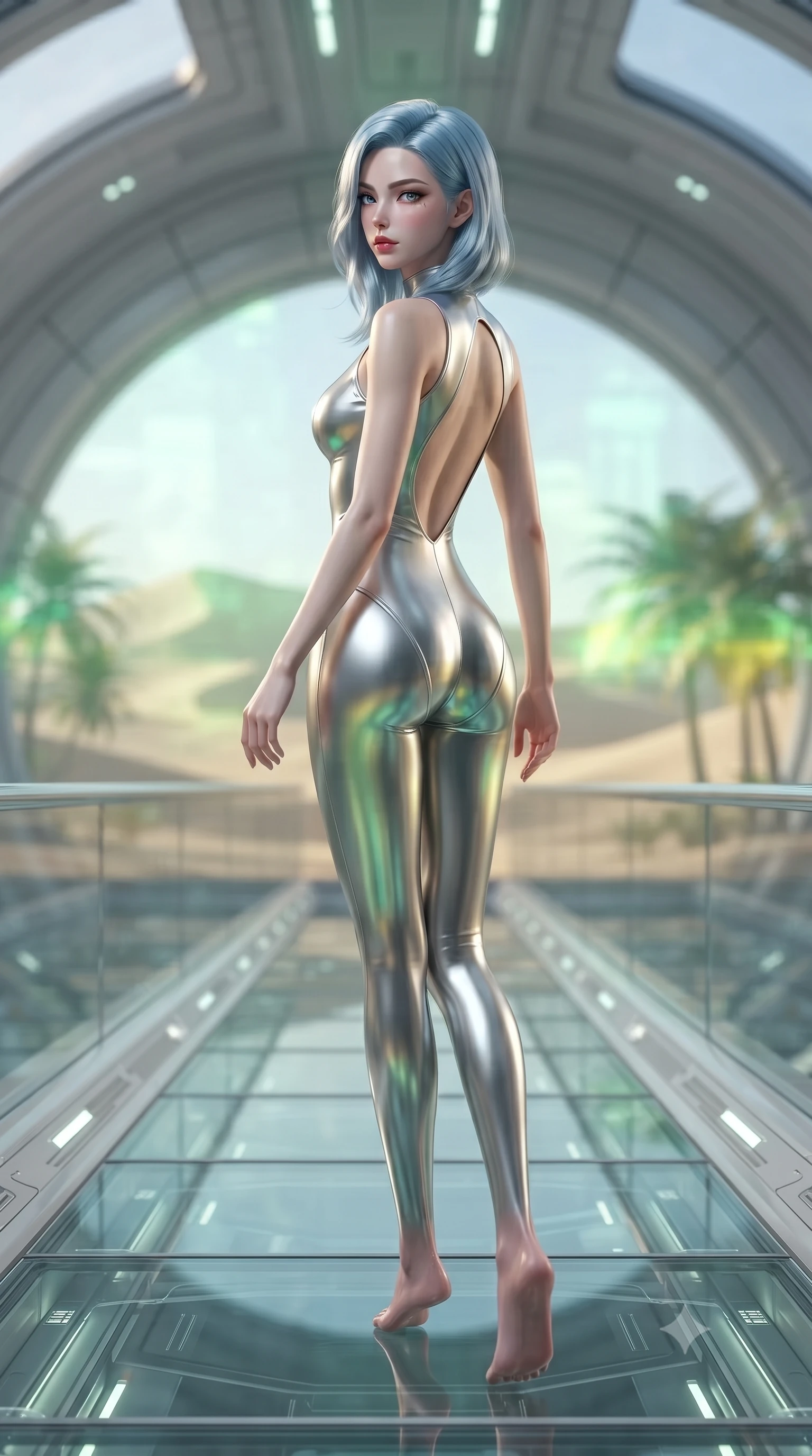 score_9, masterpiece, best quality, ultra-detailed, high-budget anime keyframe, editorial fashion photography, tasteful artistic composition, Korean woman. low angle full-body shot from head to toe showing her feet, filling the entire 9:16 vertical frame with her statuesque presence, stretching her vertical silhouette. walking slowly along a glass skybridge, looking back over her shoulder with an air of effortless grace, the background shows a soft-focus a holographic desert oasis with digital sand dunes in a space dome. She has an absolutely perfect, statuesque 8.5-heads proportion, an exceptionally tall and slender model-like female figure with impossibly long slender legs and an ultra-slim waist. sharp v-shaped jawline, high-bridge nose, intricate jewel-like eyes with depth, thick eyelashes, glossy lips with a natural sheen. wearing a slim-fit backless combat bodysuit in metallic silver, featuring a plunging keyhole cutout and low-cut back. virtual palms and sand dunes projecting green and yellow light onto her. ultra-reflective glossy finish, specular highlights, metallic sheen, high-contrast stereoscopic depth, volumetric dynamic lighting, 2k, ultra detail, master piece, 9:16 ratio