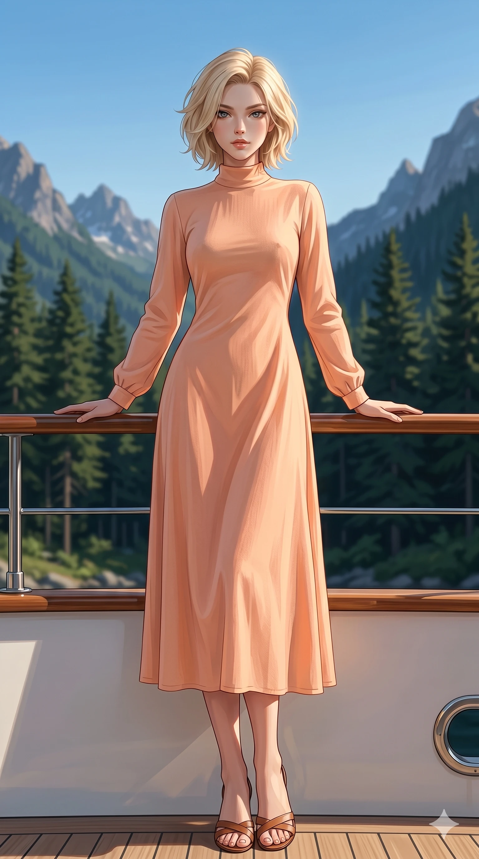 score_9, masterpiece, best quality, ultra-detailed, high-budget anime keyframe, editorial fashion photography, tasteful artistic composition, Caucasian woman, strictly human ears. low angle full-body shot from head to toe showing her feet, filling the entire 9:16 vertical frame with her statuesque presence, stretching her vertical silhouette. resting her hands on the yacht railing, looking at the camera with an air of quiet self-assurance by a cool mountain spring in a pine-scented valley under early morning sun (Code-P19-031). She has an absolutely perfect 8-heads proportion, an exceptionally tall and slender female figure with impossibly long slender legs and an ultra-slim waist. V-shaped jawline, high-bridge nose, intricate jewel-like eyes with depth, thick eyelashes, glossy lips with a natural sheen. wearing a high-neck long-sleeve resort dress in a lightweight peach cotton weave. soft glowing ambient light from a clear blue sky, highlighting her high-bridge nose and lips. 2k, ultra detail, master piece, 9:16 ratio
