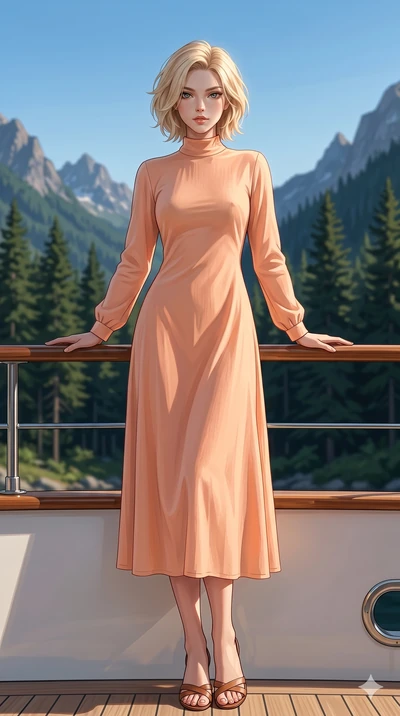 score_9, masterpiece, best quality, ultra-detailed, high-budget anime keyframe, editorial fashion photography, tasteful artistic composition, Caucasian woman, strictly human ears. low angle full-body shot from head to toe showing her feet, filling th