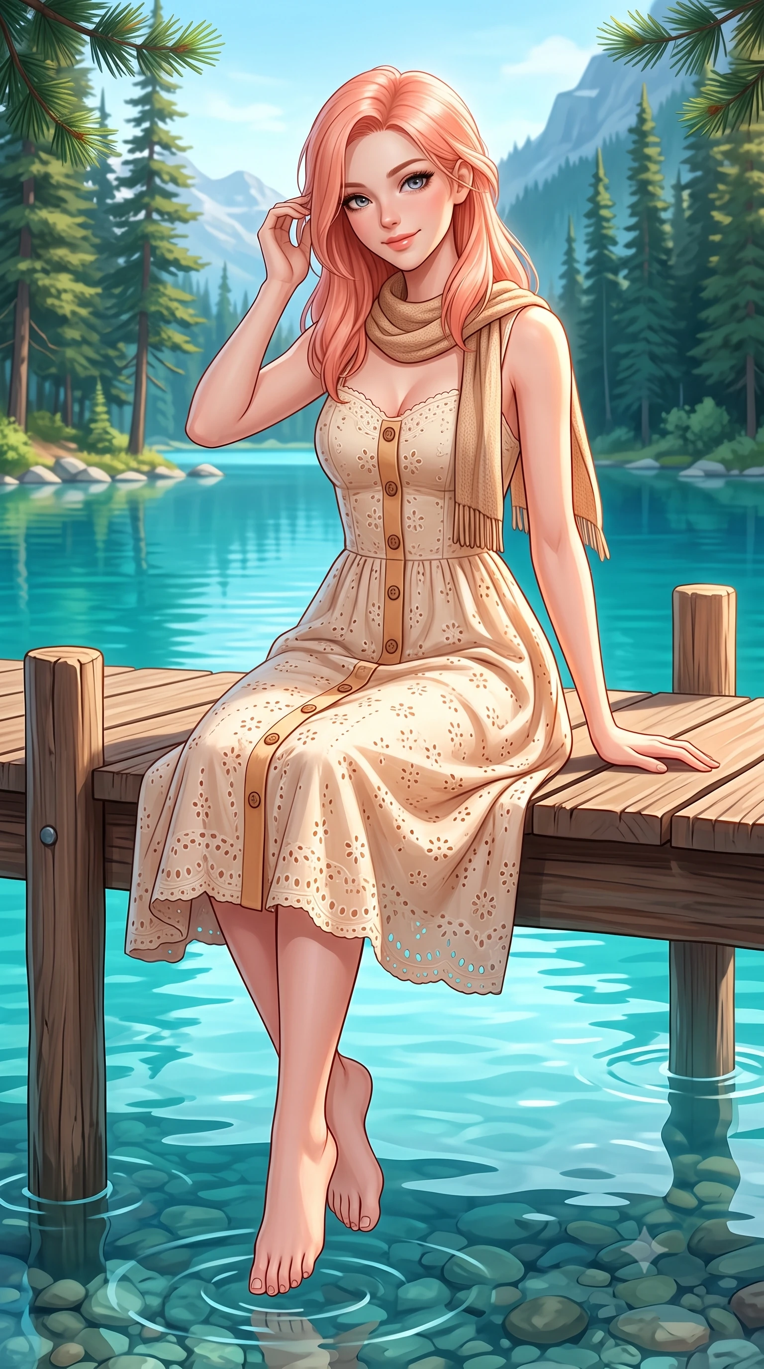 score_9, masterpiece, best quality, ultra-detailed, high-budget anime keyframe, semi-realistic 3D game render, editorial fashion photography, tasteful artistic composition, Japanese woman. close-up cowboy shot from the waist and thighs up, the character dominates the composition, filling the frame with her large presence. tilting her head with a cute, youthful grin while brushing a stray strand of hair behind her ear with slender fingers while sitting gracefully on a rustic wooden pier dangling her feet above mirror-like turquoise glacial lake water. The surrounding environment is rendered in vivid detail and crisp panoramic clarity. crystal-clear turquoise water revealing smooth underwater pebbles, towering pine needles, and distant peaks in high clarity. She has an exceptionally elegant, slender, and willowy female figure with an ultra-slim waist, a gracefully sculpted slender torso, toned flat midriff, and a refined slim silhouette. sharp v-shaped jawline, high-bridge nose, intricate jewel-like eyes with depth, thick eyelashes, glossy lips with a natural sheen, pure and lovely fresh girlhood expression, flawlessly proportioned anatomical accuracy, strict slender model proportions, natural body alignment, perfectly sculpted long slender limbs, ultra-slim waistline, clean dynamic posture without body distortion. wearing an airy eyelet lace cotton midi dress with a sweetheart neckline and wooden front buttons in warm caramel and cream vanilla, crafted from soft breathable linen that flutters gently in the breeze, finished with a lightweight knitted scarf draped loosely around her neck, the chic real-way fashion cut emphasizing her effortless charm, flat midriff, and slender model proportions. surrounded by a serene, peaceful, and breathtakingly lovely lakeside maiden aura. highly saturated vibrant anime colors, detailed shading with soft gradients, rich glossy textures, high-contrast stereoscopic depth, volumetric dynamic lighting, master piece, 9:16 ratio