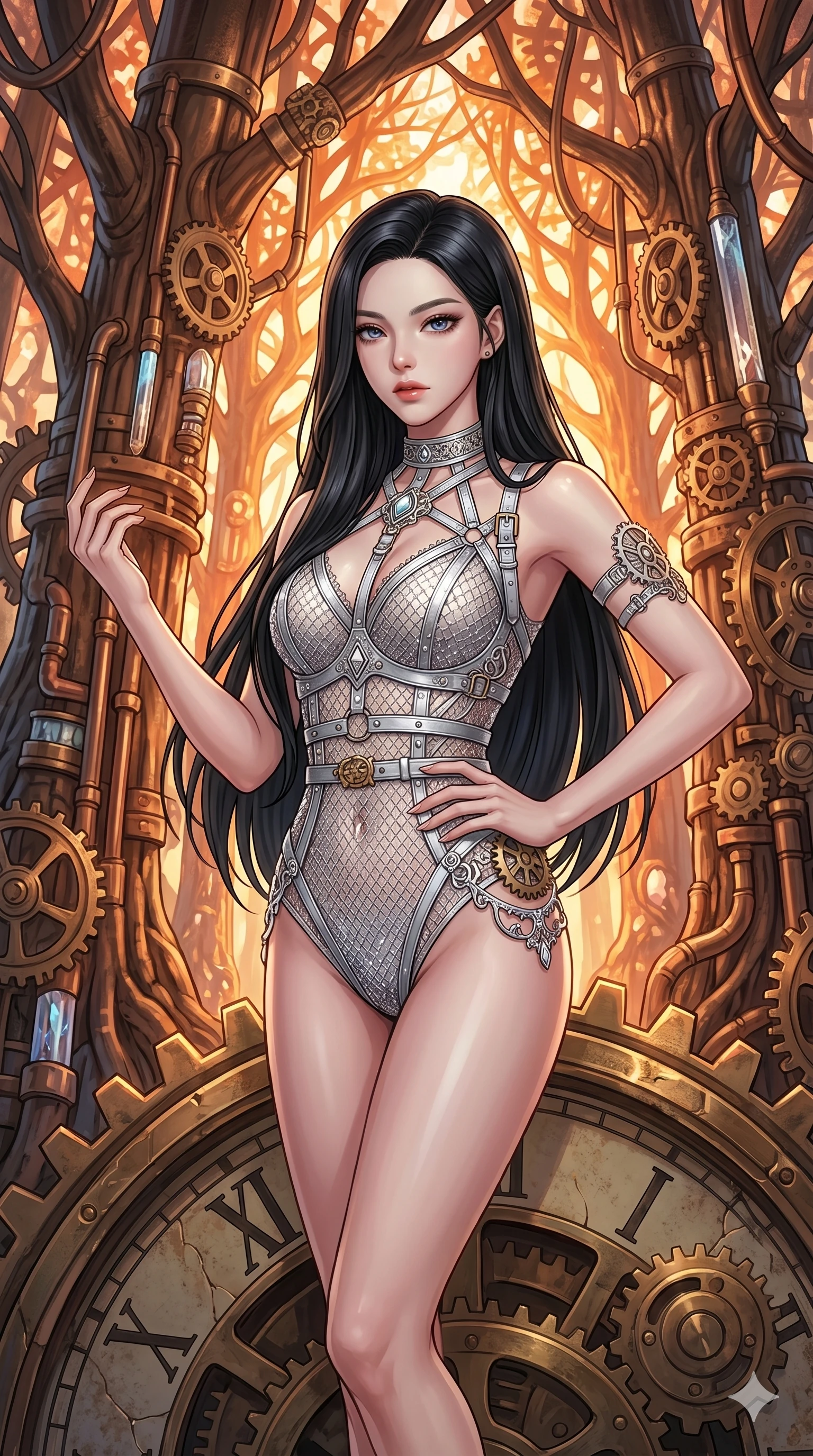 score_9, masterpiece, best quality, ultra-detailed, Set C: High-budget Anime Keyframe, Korean woman. Upper body close-up from the thighs up, character filling the screen for maximum presence. Standing on a giant gear in a clockwork forest. She has an absolutely perfect 8-heads proportion, an exceptionally tall and slender female figure with an slender waist and steampunk aesthetic. Sharp v-shaped jawline, high-bridge nose, intricate jewel-like eyes with depth, thick eyelashes, glossy lips. Wearing a K-Idol Stage outfit: decorative harness over a silver mesh bodysuit. Background is a bright and colorful forest with trees made of copper and gears, with vibrant orange light. 2k, ultra detail, master piece, 9:16 ratio