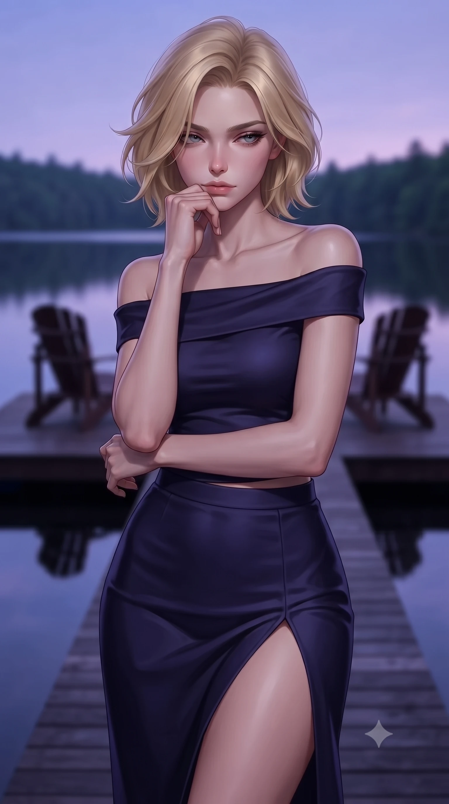 score_9, masterpiece, best quality, ultra-detailed, high-budget anime keyframe, editorial fashion photography, tasteful artistic composition, Caucasian woman woman. close-up cowboy shot from the waist and thighs up, the character dominates the composition, filling the frame with her large presence, background elements kept in soft focus. resting her chin on the backs of her fingers, casting a heavy-lidded, sultry look past the camera the background shows a soft-focus a simple dark wood deck extending over a calm forest lake, with two chairs. She has an exceptionally elegant, slender, and willowy female figure with an ultra-slim waist, a gracefully sculpted slender torso, and a refined silhouette. sharp v-shaped jawline, high-bridge nose, intricate jewel-like eyes with depth, thick eyelashes, glossy lips with a natural sheen. wearing a tailored asymmetric off-shoulder top paired with a high-slit midi skirt, revealing a glimpse of her clavicle lines. the serene purple and blue hues of twilight reflecting on the still water. ultra-reflective glossy finish, specular highlights, metallic sheen, high-contrast stereoscopic depth, volumetric dynamic lighting, 2k, ultra detail, master piece, 9:16 ratio