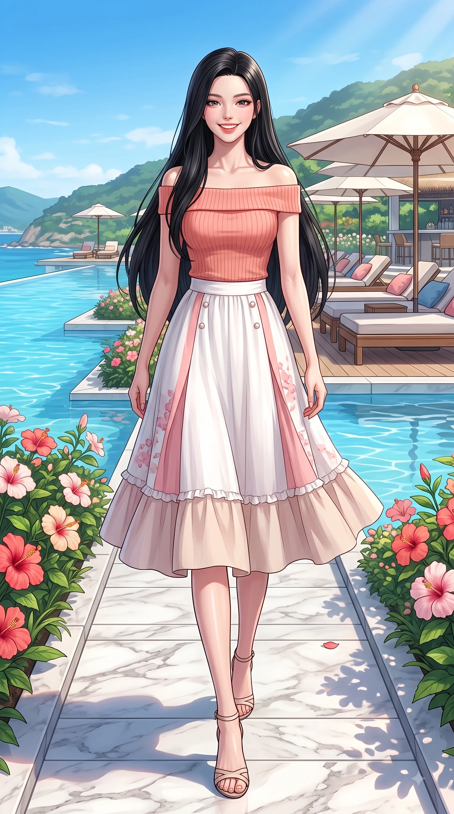 score_9, masterpiece, best quality, ultra-detailed, high-budget anime keyframe, editorial fashion photography, tasteful artistic composition, Korean woman. low angle full-body shot from head to toe showing her feet, filling the entire 9:16 vertical frame with her statuesque presence, stretching her vertical silhouette. walking forward in a proud dynamic stride with a cheerful beaming smile, her vertical silhouette filling the frame while stepping onto a marble garden walkway surrounded by blooming hibiscus flowers and clear blue water. The surrounding environment is rendered in vivid detail and crisp panoramic clarity. scenic hill panoramas and poolside umbrella lounges rendered with rich environmental clarity. She has an absolutely perfect, statuesque 8.5-heads proportion, an exceptionally tall and slender model-like female figure with impossibly long slender legs and an ultra-slim waist. sharp v-shaped jawline, high-bridge nose, intricate jewel-like eyes with depth, thick eyelashes, glossy lips with a natural sheen, flawlessly proportioned anatomical accuracy, natural body alignment, perfectly sculpted elegant limbs, clean dynamic posture without body distortion. wearing a soft coral off-shoulder ribbed knit top paired with a flowy white A-line midi skirt in cherry blossom pink and soft beige, crafted from soft breathable linen, finished with subtle ruffle trims and delicate pearl buttons, the chic real-way fashion cut emphasizing her effortless charm. surrounded by an exclusive, sun-drenched, and relaxing resort atmosphere. highly saturated vibrant anime colors, detailed shading with soft gradients, rich glossy textures, high-contrast stereoscopic depth, volumetric dynamic lighting, master piece, 9:16 ratio