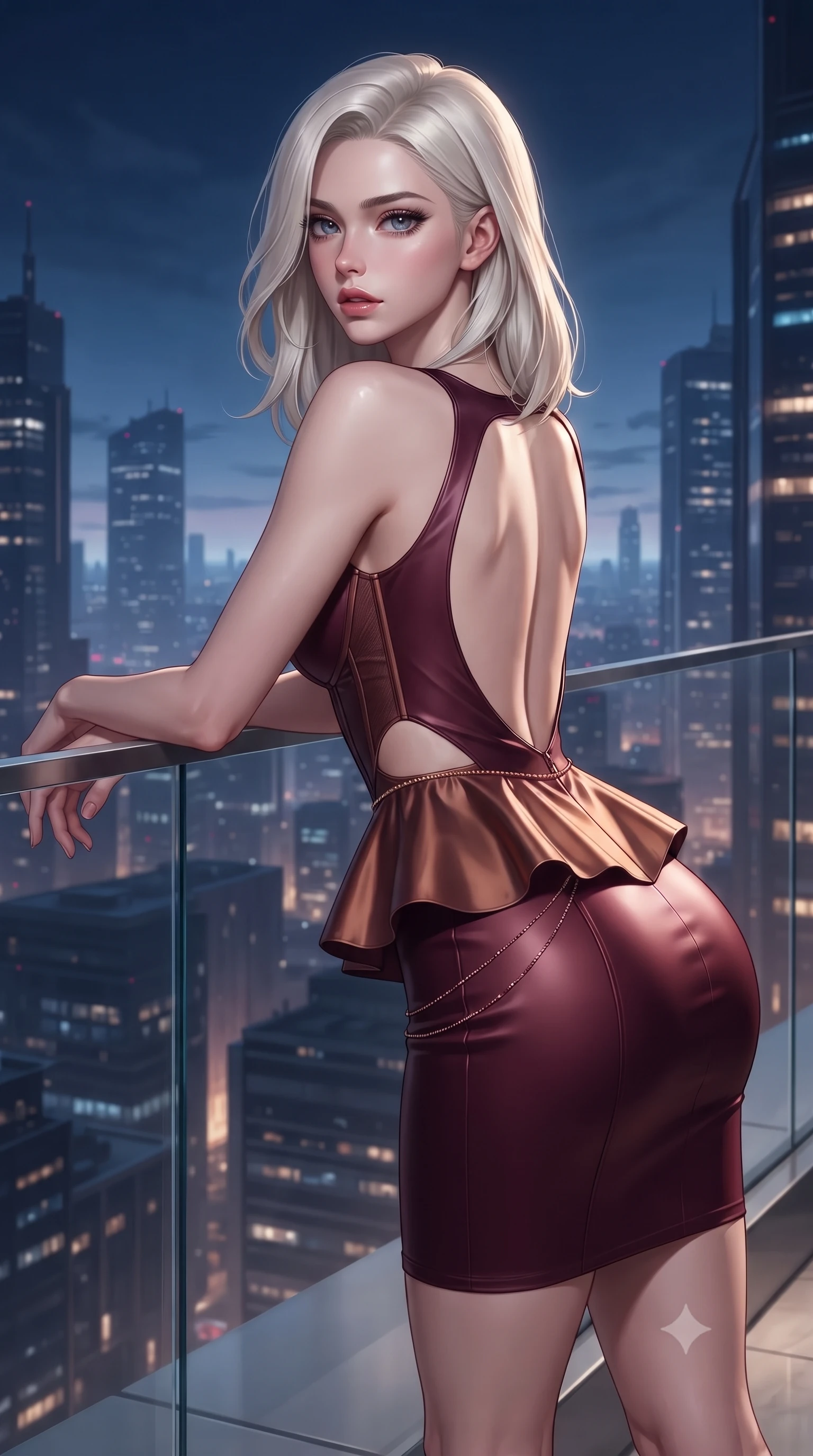 score_9, masterpiece, best quality, ultra-detailed, high-budget anime keyframe, editorial fashion photography, tasteful artistic composition, Caucasian woman. close-up cowboy shot from the waist and thighs up, the character dominates the composition, filling the frame with her large presence. leaning back with relaxed seductive grace, her sculpted collarbones and narrow waist highlighted as she casts smoldering bedroom-eyes directly into the camera while resting both hands on the low glass railing with lower back arched, casting an alluring over-the-shoulder bedroom-glance toward the camera. The surrounding environment is rendered in vivid detail and crisp panoramic clarity. sleek modern luxury chiaroscuro and futuristic skyline elegance rendered with environmental precision. She has an exceptionally elegant, slender, and willowy female figure with an ultra-slim waist, a gracefully sculpted slender torso, toned flat midriff, and rounded feminine hips creating an alluring hourglass silhouette. sharp v-shaped jawline, high-bridge nose, intricate jewel-like eyes with depth, thick eyelashes, glossy parted lips with a natural sheen, intensely captivating and seductive bedroom-eyes expression, flawlessly proportioned anatomical accuracy, strict slender model proportions, natural body alignment, perfectly sculpted long slender limbs, ultra-slim waistline, clean dynamic posture without body distortion. wearing a modern peplum corset dress with side-waist diamond cutouts and an ultra-tight silhouette in rich wine burgundy and liquid bronze, made of fluid silk crepe with delicate inner corsetry boning, complemented by a delicate gold hip chain catching the ambient city reflections, the dramatically scooped open back descending to the base of her spine, accentuating her razor-sharp statuesque lines and curvy hourglass silhouette. illuminated by crisp directional edge lights sharply sculpting her slender waist and curvy feminine hips. ultra-reflective glossy finish, specular highlights, rich textural contrasts, high-contrast stereoscopic depth, volumetric dynamic lighting, 2k, ultra detail, master piece, 9:16 ratio