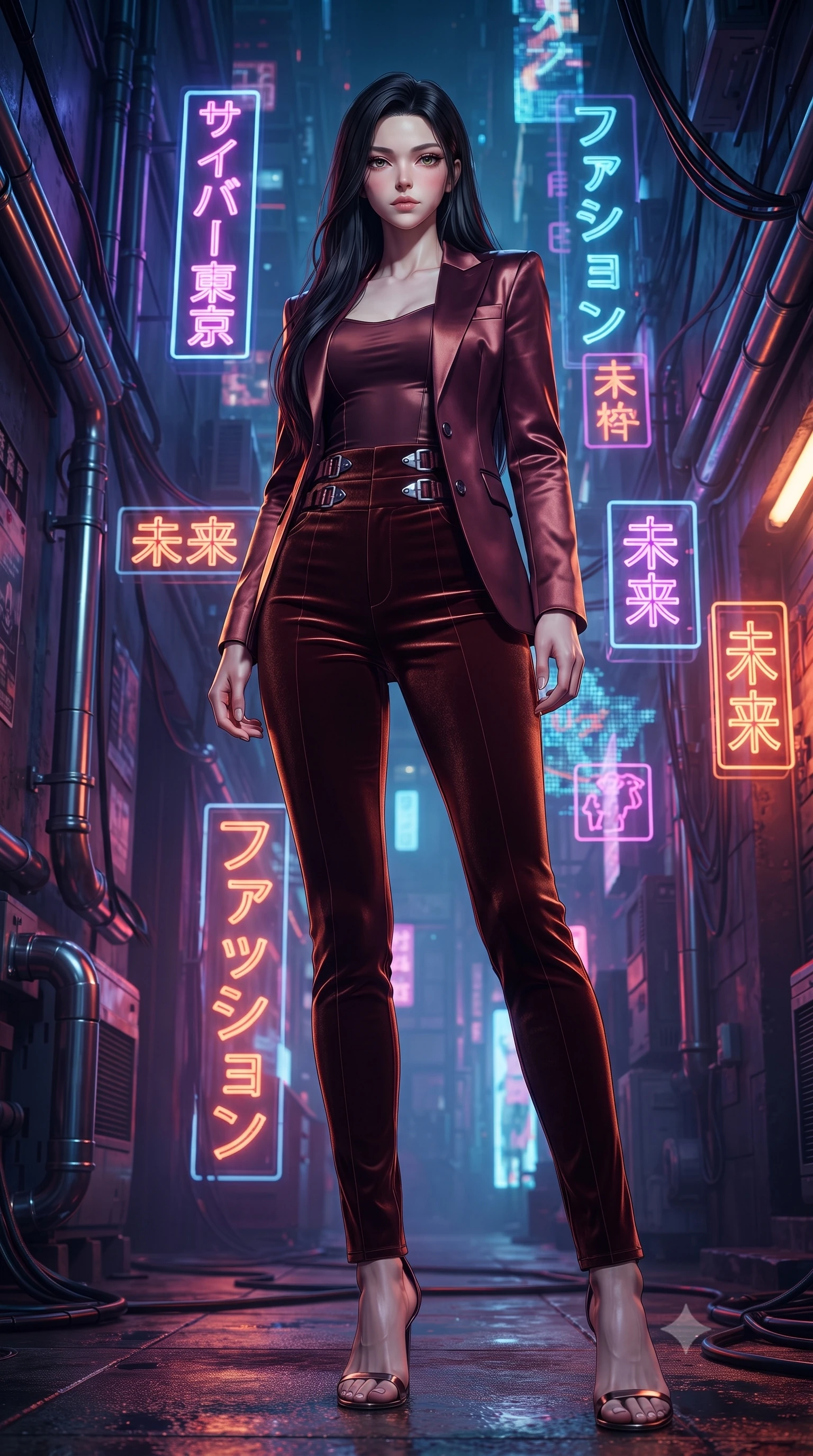 score_9, masterpiece, best quality, ultra-detailed, high-budget anime keyframe, editorial fashion photography, tasteful artistic composition, Korean woman. low angle full-body shot from head to toe showing her feet, filling the entire 9:16 vertical frame with her statuesque presence, stretching her vertical silhouette. navigating the luminous space with effortless poise, displaying her perfect model proportions navigating a narrow cybernetic alleyway filled with floating neon Japanese glyphs, futuristic tactical cables and chrome pipes lining the dark city walls. She has an absolutely perfect, statuesque 8.5-heads proportion, an exceptionally tall and slender model-like female figure with impossibly long slender legs and an ultra-slim waist. sharp v-shaped jawline, high-bridge nose, intricate jewel-like eyes with depth, thick eyelashes, glossy lips with a natural sheen. wearing a tailored silk blazer over a form-contouring top and fitted slacks in deep burgundy and bronze, made of premium stretch velvet with a rich sheen, detailed with polished silver buckles along the waistline, the tailored fabric tightly following every curve of her athletic build. surrounded by a high-energy futuristic nightlife atmosphere. ultra-reflective glossy finish, specular highlights, metallic sheen, high-contrast stereoscopic depth, volumetric dynamic lighting, 2k, ultra detail, master piece, 9:16 ratio