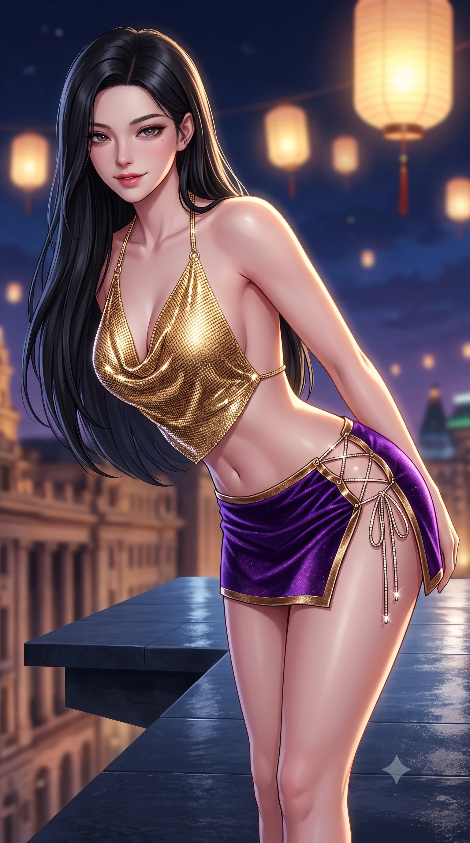 score_9, masterpiece, best quality, ultra-detailed, high-budget anime keyframe, semi-realistic 3D game render, editorial fashion photography, tasteful artistic composition, Korean woman. close-up cowboy shot from the waist and thighs up, the character dominates the composition, filling the frame with her large presence. leaning forward while arching her lower back to accentuate her curvy hips, looking into the camera with an intoxicating smoldering gaze and bedroom-eyes while standing poised on the cantilevered dark slate deck jutting out over the historic Bund colonnades, arching her lower back to emphasize her curvy hips in the night breeze. The background shows a soft-focus glowing paper lanterns softened in romantic nocturnal sky-sanctuary shallow focus. She has an exceptionally elegant, slender, and willowy female figure with an ultra-slim waist, flat toned midriff, narrow ribcage, and sculpted feminine hips creating an alluring, slim hourglass silhouette without bulk. sharp v-shaped jawline, high-bridge nose, sparkling eyes with hypnotic seductive depth, thick curled eyelashes, glossy parted lips with a natural dewy peach sheen, alluring bedroom-eyes with an enchanting coquettish smile, exuding magnetic siren charisma and sophisticated glamour, flawlessly proportioned anatomical accuracy, strict slender model proportions, natural body alignment, perfectly sculpted long slender limbs, ultra-slim waistline, clean dynamic posture without body distortion. wearing a liquid gold chainmail cowl halter top paired with an ultra-low-rise velvet mini skirt and side rhinestone ties in royal amethyst purple and gilded bronze, woven from stretch metallic lurex jersey casting radiant starlight glints across her silhouette, featuring fine criss-cross lace-up side ties revealing tantalizing glimpses of her hip curve, the high-slit wrap tailoring accentuating her ultra-slim waistline and the enchanting curve of her feminine hips with alluring seductive charm. illuminated by slate deck reflection bounce and sharp platinum-gold rim lights defining her delicate clavicles, ultra-slim waist, and curvy hips. highly saturated vibrant anime colors, detailed shading with soft gradients, rich glossy textures, high-contrast stereoscopic depth, volumetric dynamic lighting, master piece, 9:16 ratio