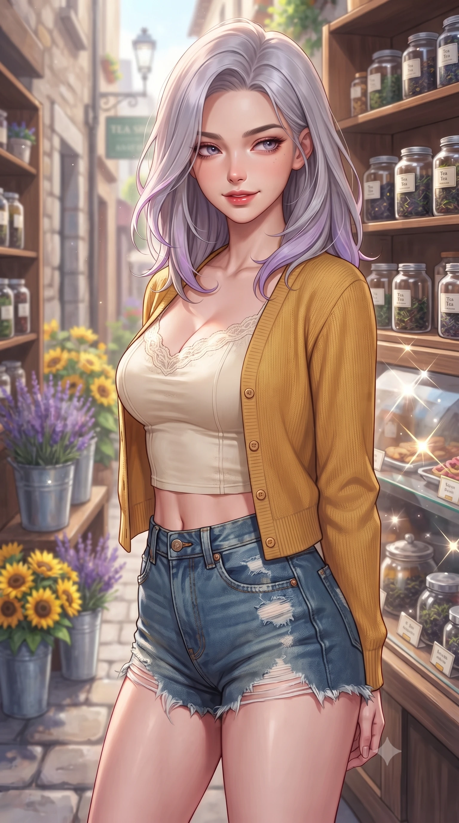 score_9, masterpiece, best quality, ultra-detailed, high-budget anime keyframe, editorial fashion photography, tasteful artistic composition, Caucasian woman. close-up cowboy shot from the waist and thighs up, the character dominates the composition, filling the frame with her large presence, background elements kept in soft focus. glancing sidelong over her shoulder with an alluring, lingering gaze and a subtle grin set against a soft-focus background of outside a cozy tea shop with jars of tea leaves displayed on wooden shelves with buckets of fresh lavender and yellow sunflowers lining the alley. She has an exceptionally elegant, slender, and willowy female figure with an ultra-slim waist, a gracefully sculpted slender torso, and a refined silhouette. sharp v-shaped jawline, high-bridge nose, intricate jewel-like eyes with depth, thick eyelashes, glossy lips with a natural sheen. wearing body-hugging delicate lace-trim crop top in cream, worn under an open preppy cardigan and denim shorts. bright daylight reflecting off the display cases, creating sparkling glints. highly saturated vibrant anime colors, detailed shading with soft gradients, rich glossy textures, high-contrast stereoscopic depth, volumetric dynamic lighting, master piece, 9:16 ratio