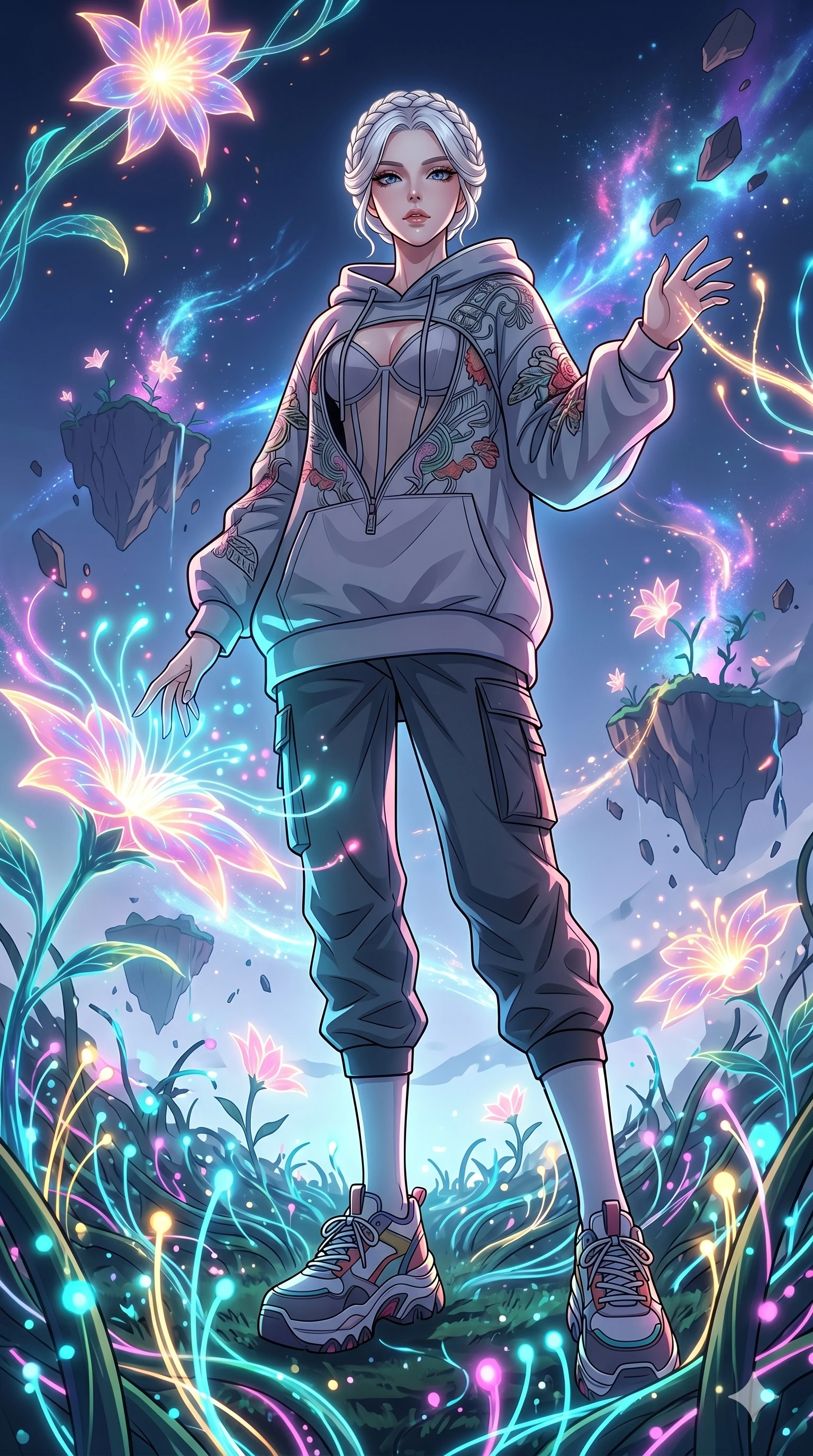 score_9, masterpiece, best quality, ultra-detailed, High-budget Anime Keyframe, vibrant colors, fluid line-art, expressive lighting, cinematic composition, Ufotable-style visual effects, top-tier animation quality, Korean woman with idol-like refined features. Low angle cowboy shot filling the entire 9:16 frame with her statuesque presence, looking up to emphasize her height. Walking through a forest of fiber-optic vines that react to her touch by glowing brighter. She has an absolutely perfect 8-heads proportion, an exceptionally tall and slender female figure with impossibly long slender legs and an ultra-slim waist, her statuesque height and towering silhouette dominating the vertical 9:16 frame. Her face is a masterpiece featuring a sharp v-shaped jawline, high-bridge nose, intricate jewel-like eyes with depth, thick eyelashes, and glossy lips with a natural sheen. She is wearing a Oversized designer hoodie worn as a dress, paired with technical cargo joggers, a sheer corset top, and platform sneakers with knee-high socks.. The scene is set in a floating island covered in giant glowing flowers and vines of pure energy. 2k, ultra detail, master piece, 9:16 ratio