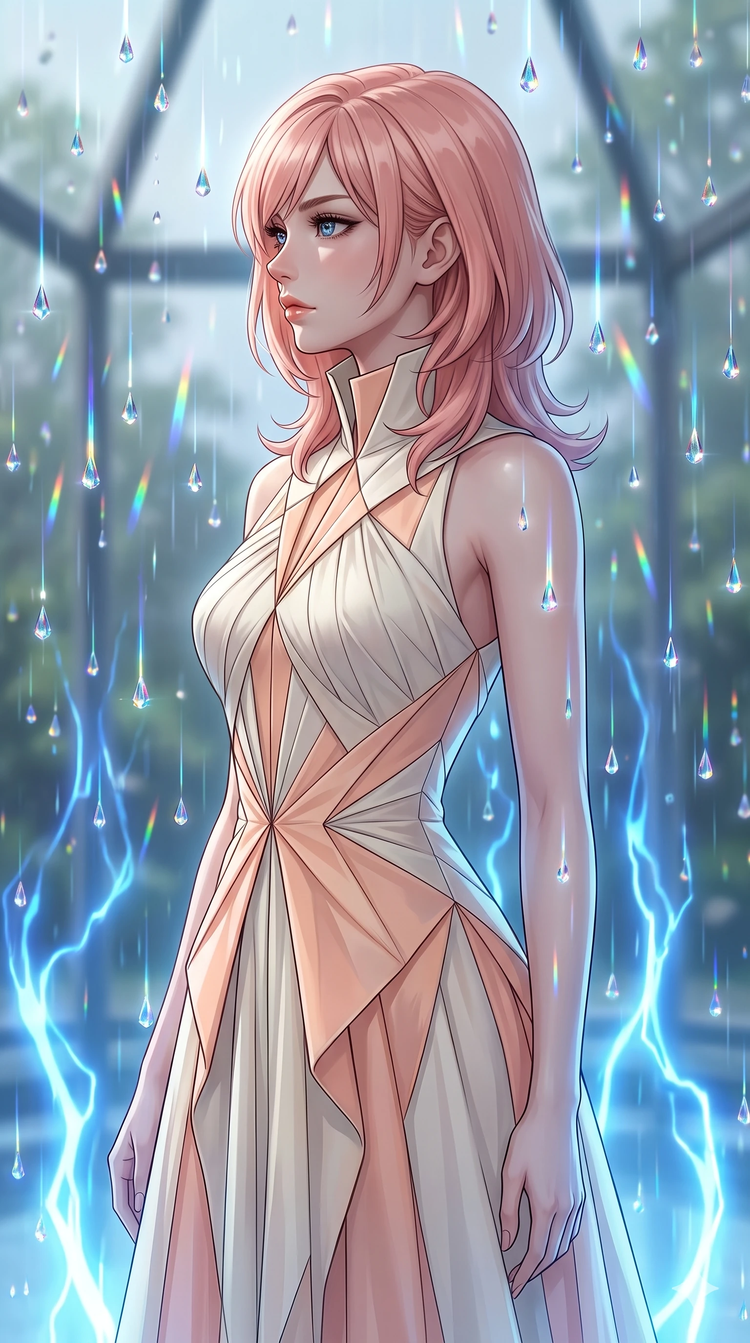 score_9, masterpiece, best quality, ultra-detailed, high-budget anime keyframe, editorial fashion photography, tasteful artistic composition, Japanese woman. close-up cowboy shot from the waist and thighs up, the character dominates the composition, filling the frame with her large presence, background elements kept in soft focus. Turning her face in sharp dramatic profile against the light. set against a soft-focus background of a glass pavilion where crystallized rainbow rain falls in extreme slow motion each droplet a tiny perfect prism refracting light into individual spectral beams as it descends through the still air. She has an exceptionally elegant and slender, willowy female figure with an ultra-slim waist, a gracefully sculpted slender torso, and a refined slim physique. sharp v-shaped jawline, high-bridge nose, intricate jewel-like eyes with depth, thick eyelashes, glossy lips with a natural sheen. wearing an architectural origami-fold midi dress in ivory and pastel peach, featuring geometric pleating and a structured standing collar. pulsing electric blue plasma arc lighting rising dramatically from below. 2k, ultra detail, master piece, 9:16 ratio