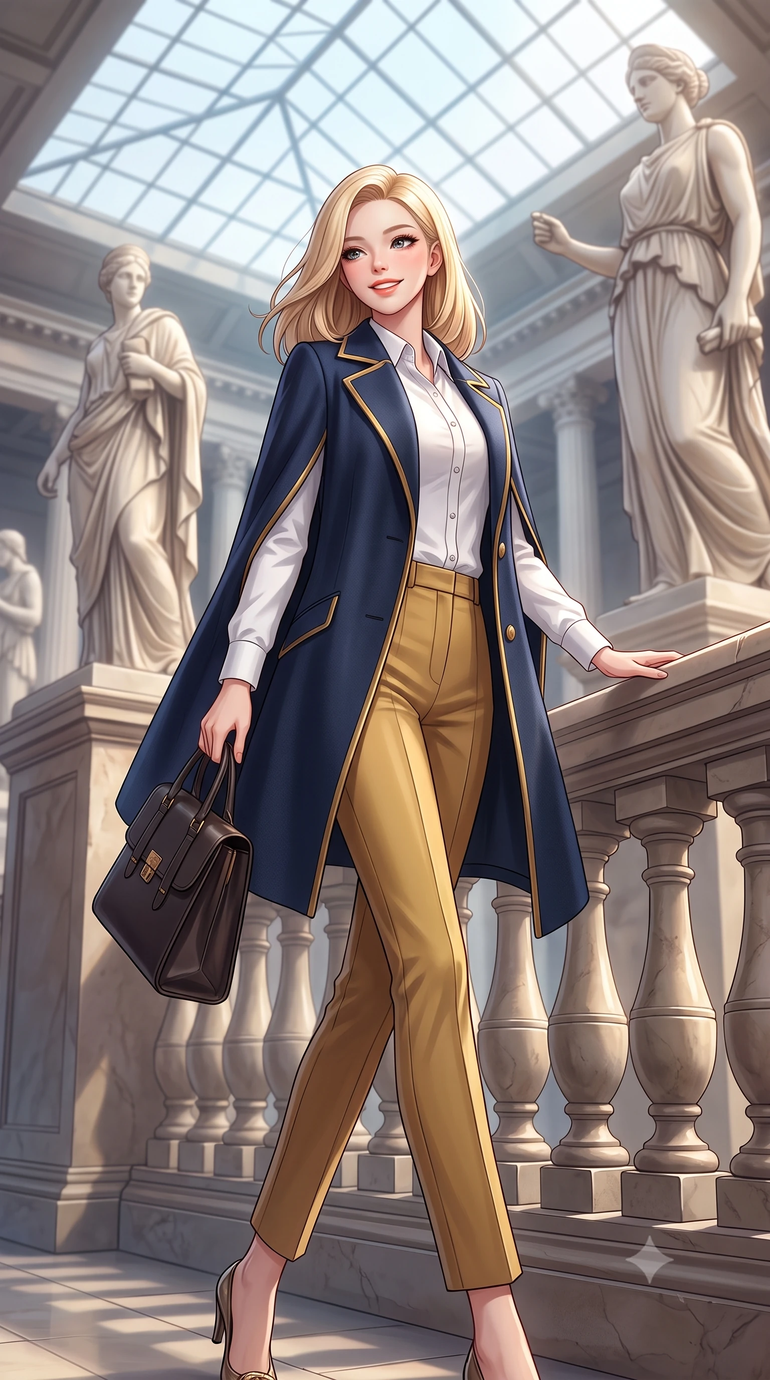 score_9, masterpiece, best quality, ultra-detailed, high-budget anime keyframe, semi-realistic 3D game render, editorial fashion photography, tasteful artistic composition, Korean woman. low angle full-body shot from head to toe showing her feet, filling the entire 9:16 vertical frame with her statuesque presence, stretching her vertical silhouette. walking briskly with tall supermodel strides, one hand holding her leather bag and the other swinging with energetic charm while turning with a delightful beam toward the camera while resting one hand on the stone balustrade of the grand reading room. The background shows a soft-focus classical Greek sculptures on pedestals softened in majestic cultural sanctuary shallow focus. She has an exceptionally tall and slender model-like 8.5-heads proportion, an ultra-slim waist, a flat toned midriff, narrow delicate ribcage, and beautifully sculpted feminine hips creating a graceful, slim hourglass silhouette without any bulky heaviness, with impossibly long slender legs. sharp v-shaped jawline, high-bridge nose, intricate jewel-like sparkling eyes with depth, thick eyelashes, glossy parted lips with a natural peach sheen, bright cheerful beaming smile with an enchanting and coquettish sensual glint, exuding both youthful cute charm and seductive allure, flawlessly proportioned anatomical accuracy, strict slender model proportions, natural body alignment, perfectly sculpted long slender limbs, ultra-slim waistline, clean dynamic posture without body distortion. wearing an elegant tailored cape coat in brushed wool worn over a crisp white cotton shirt and tailored cigarette pants in Ginza vintage brass gold and midnight navy, tailored from heavyweight double-faced wool with clean architectural edges, featuring delicate tonal horn buttons and meticulous hand-stitched pick-lapel borders, the expertly draped wool fabric falling in crisp fluid lines along her tall 8.5-heads silhouette, celebrating her slender frame without excess fabric bulk. bathed in voluminous pure white zenithal daylight filtering through the vast geometric glass skylight canopy. highly saturated vibrant anime colors, detailed shading with soft gradients, rich glossy textures, high-contrast stereoscopic depth, volumetric dynamic lighting, master piece, 9:16 ratio