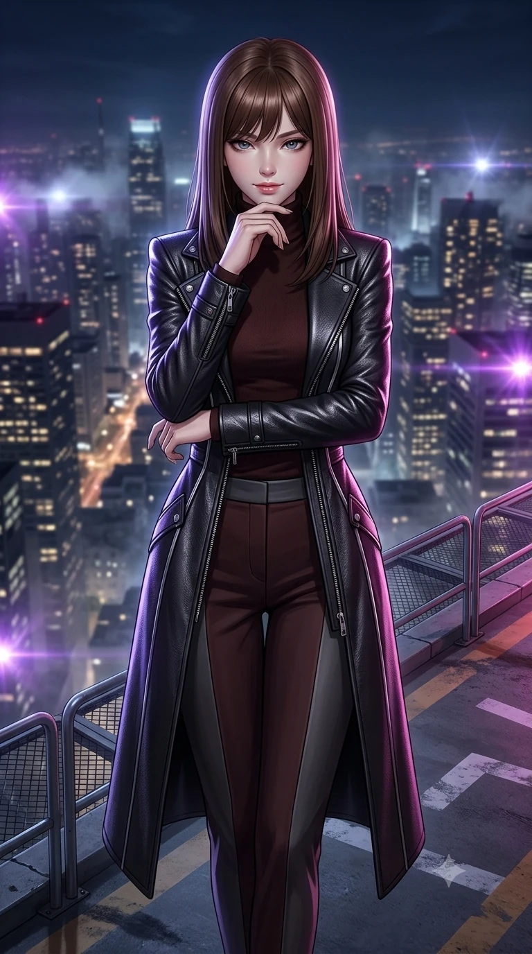 score_9, masterpiece, best quality, ultra-detailed, high-budget anime keyframe, semi-realistic 3D game render, editorial fashion photography, tasteful artistic composition, Korean woman. close-up cowboy shot from the waist and thighs up, the character dominates the composition, filling the frame with her large presence. resting her chin on the backs of her fingers with an air of effortless superiority and parted glossy lips while standing tall at the outer edge of the summit helipad, arching her lower back to emphasize her hourglass curves against the sprawling midnight metropolis. The background shows a soft-focus summit skyscraper apex softened in high-altitude metropolitan shallow focus. She has an exceptionally elegant, slender, and willowy female figure with an ultra-slim waist, flat toned midriff, narrow ribcage, and sculpted feminine hips creating an alluring, slim hourglass silhouette without bulk. sharp v-shaped jawline, high-bridge nose, intricate jewel-like dark sparkling eyes with hypnotic seductive depth, thick curled eyelashes, glossy parted lips with a natural wine sheen, alluring bedroom-eyes with an enigmatic smoldering smile, exuding magnetic sovereign charisma and dark avant-garde glamour, flawlessly proportioned anatomical accuracy, strict slender model proportions, natural body alignment, perfectly sculpted long slender limbs, ultra-slim waistline, clean dynamic posture without body distortion. wearing a structured dark leather long coat over a turtleneck and tailored slacks in dark mahogany and brushed gunmetal, woven from bespoke high-density barathea wool with refined ceremonial hold, finished with metallic silver boning and sleek zipper points, accentuating her gracefully sculpted slender torso and statuesque proportions. bathed in rhythmic pulsing violet strobe flashes contrasted with ambient city light glow. highly saturated vibrant anime colors, detailed shading with soft gradients, rich glossy textures, high-contrast stereoscopic depth, volumetric dynamic lighting, master piece, 9:16 ratio