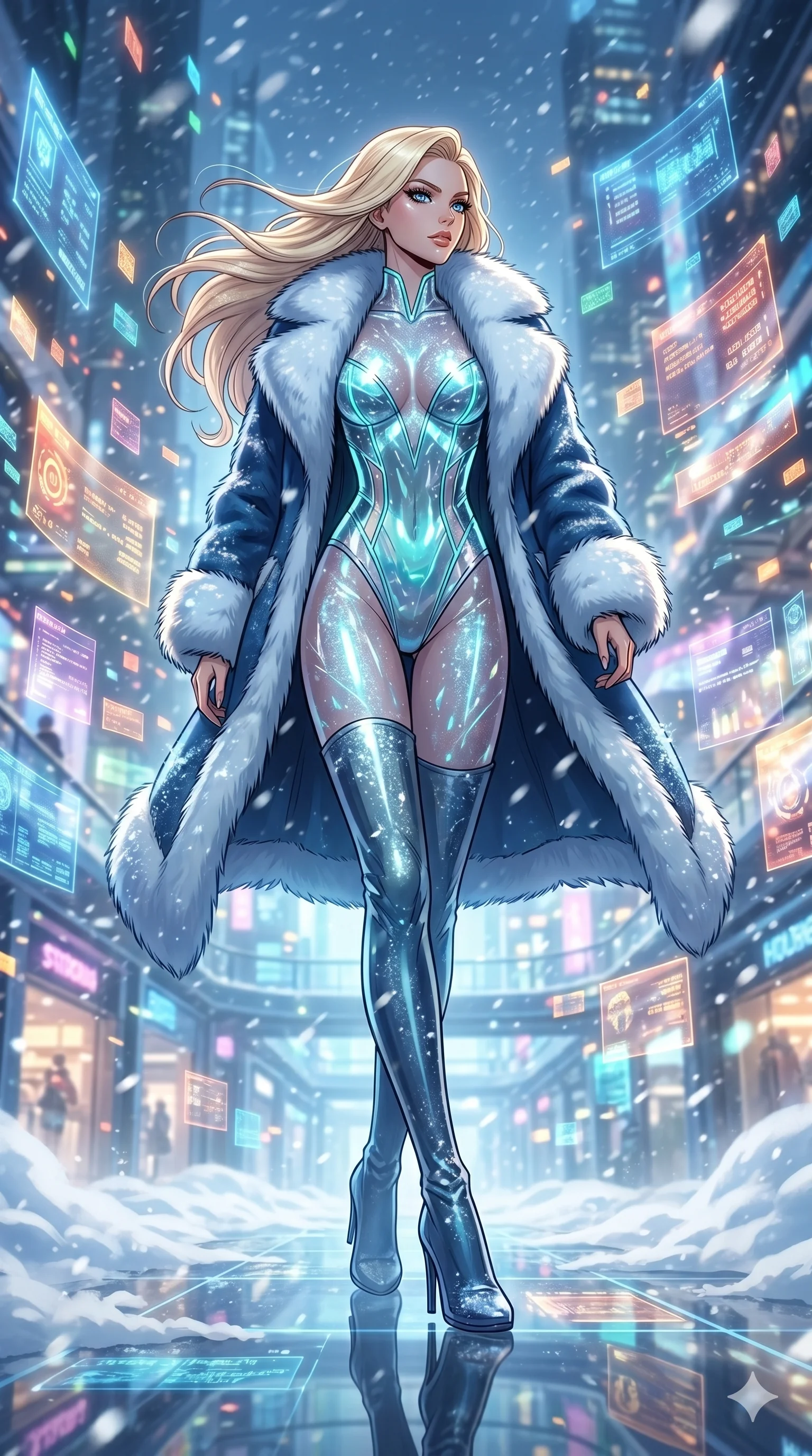 score_9, masterpiece, best quality, ultra-detailed, high-budget anime movie keyframe, cinematic anime lighting, intricate line art, Japanese woman. Low angle cowboy shot filling the entire 9:16 frame with her statuesque presence. walking through a blizzard in a holographic shopping mall surrounded by floating data-shards. She has an absolutely perfect 8-heads proportion, an exceptionally tall and slender female figure with an ultra-slim waist and impossibly long slender legs. sharp v-shaped jawline, high-bridge nose, intricate jewel-like eyes, thick eyelashes, glossy lips. Wearing seasonal winter-couture featuring a plush oversized faux-fur coat worn over a skin-tight crystalline leotard and thigh-high stiletto boots. The scene is illuminated by dramatic atmospheric lighting and vibrant color palettes. , 2k, ultra detail, master piece, 9:16 ratio