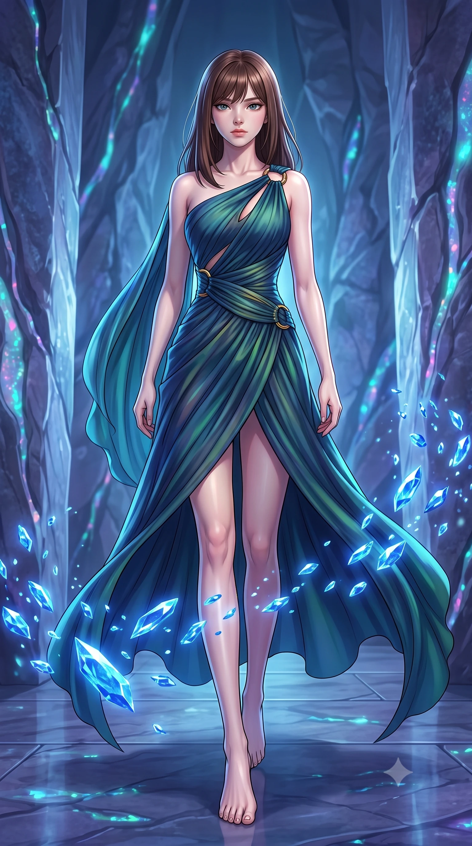 score_9, masterpiece, best quality, ultra-detailed, high-budget anime keyframe, editorial fashion photography, tasteful artistic composition, Korean woman. low angle full-body shot from head to toe showing her feet, filling the entire 9:16 vertical frame with her statuesque presence, stretching her vertical silhouette. forging dynamically through the scene, her vertical silhouette beautifully stretched guiding floating sapphire light crystals inside a deep mineral sanctuary, bioluminescent opal veins pulsing softly in the surrounding stone walls. She has an absolutely perfect, statuesque 8.5-heads proportion, an exceptionally tall and slender model-like female figure with impossibly long slender legs and an ultra-slim waist. sharp v-shaped jawline, high-bridge nose, intricate jewel-like eyes with depth, thick eyelashes, glossy lips with a natural sheen. wearing an elegant Grecian draped chiffon gown with an asymmetrical shoulder strap and ring detail, the glove-like fit emphasizing her statuesque silhouette. surrounded by a cool jewel-toned luminescence with bright specular rim lights. highly saturated vibrant anime colors, detailed shading with soft gradients, rich glossy textures, high-contrast stereoscopic depth, volumetric dynamic lighting, master piece, 9:16 ratio