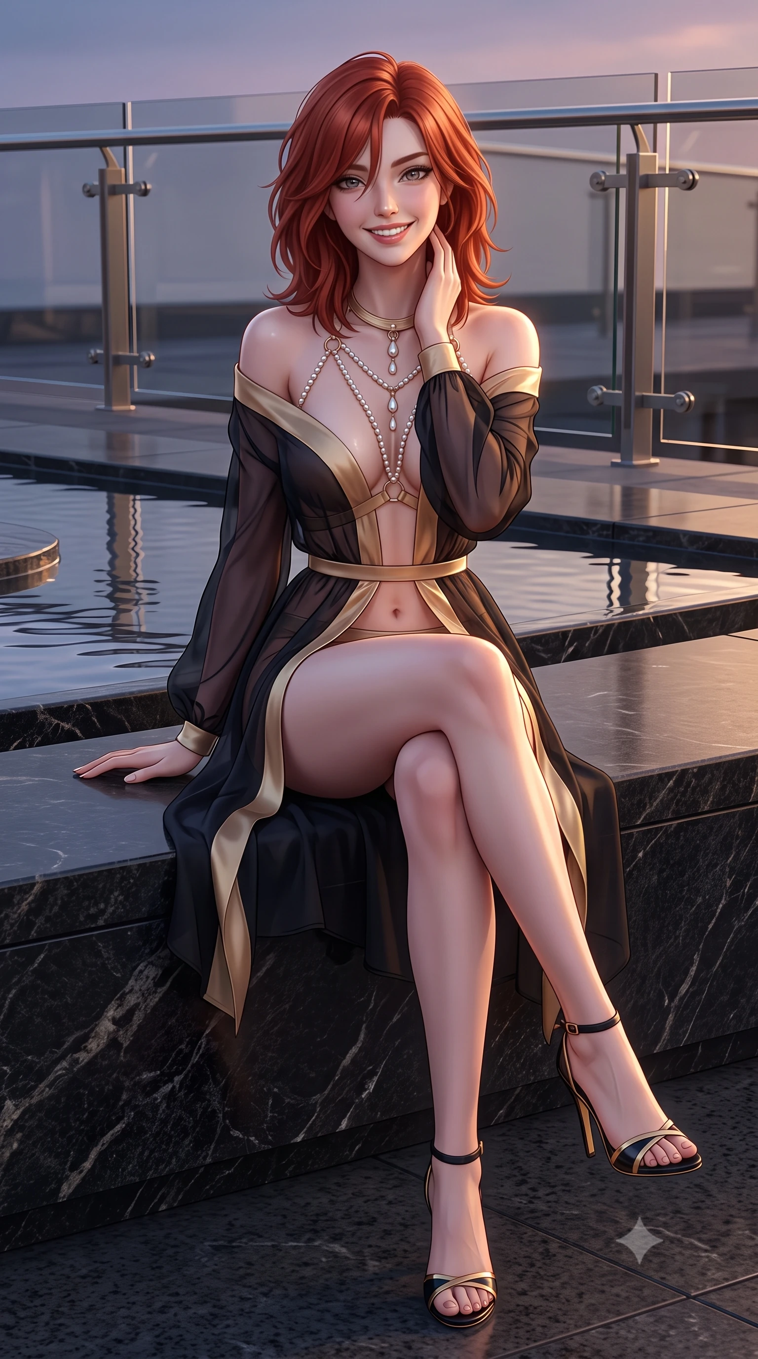 score_9, masterpiece, best quality, ultra-detailed, high-budget anime keyframe, semi-realistic 3D game render, editorial fashion photography, tasteful artistic composition, Korean woman. low angle full-body shot from head to toe showing her feet, filling the entire 9:16 vertical frame with her statuesque presence, stretching her vertical silhouette. stepping forward in a confident stride, her long slender legs and curvaceous hips creating a dynamic, sweeping vertical line while sitting gracefully on the warm granite bench with legs crossed, running one manicured hand slowly along her neck with magnetic allure. The surrounding environment is rendered in vivid detail and crisp panoramic clarity: sharp honed black granite stone veining, water surface tension meniscus, and precision glass railing hardware in deep focus. She has an exceptionally tall and slender model-like 8.5-heads proportion, an ultra-slim waist, a flat toned midriff, narrow delicate ribcage, and beautifully sculpted feminine hips creating a graceful, slim hourglass silhouette without any bulky heaviness, with impossibly long slender legs. sharp v-shaped jawline, high-bridge nose, intricate jewel-like sparkling eyes with depth, thick eyelashes, glossy parted lips with a natural peach sheen, bright cheerful beaming smile with an enchanting and coquettish sensual glint, exuding both youthful cute charm and seductive allure, flawlessly proportioned anatomical accuracy, strict slender model proportions, natural body alignment, perfectly sculpted long slender limbs, ultra-slim waistline, clean dynamic posture without body distortion. wearing an alluring semi-sheer silk chiffon boudoir peignoir slipping off bare shoulders with delicate jade button accents in deep midnight obsidian black and liquid champagne gold, woven from buttery-soft stretch lambskin leather adhering to her body like a second skin, accented with a pearl-drop body harness subtly framing her dewy collarbones and spine, the form-contouring silhouette accentuating her sculpted flat midriff, narrow delicate ribcage, and gracefully curvy hips with intoxicating allure. illuminated by still water mirror bounce and sharp platinum-gold rim lights sculpting her features, flat midriff, and slender waist. highly saturated vibrant anime colors, detailed shading with soft gradients, rich glossy textures, high-contrast stereoscopic depth, volumetric dynamic lighting, master piece, 9:16 ratio