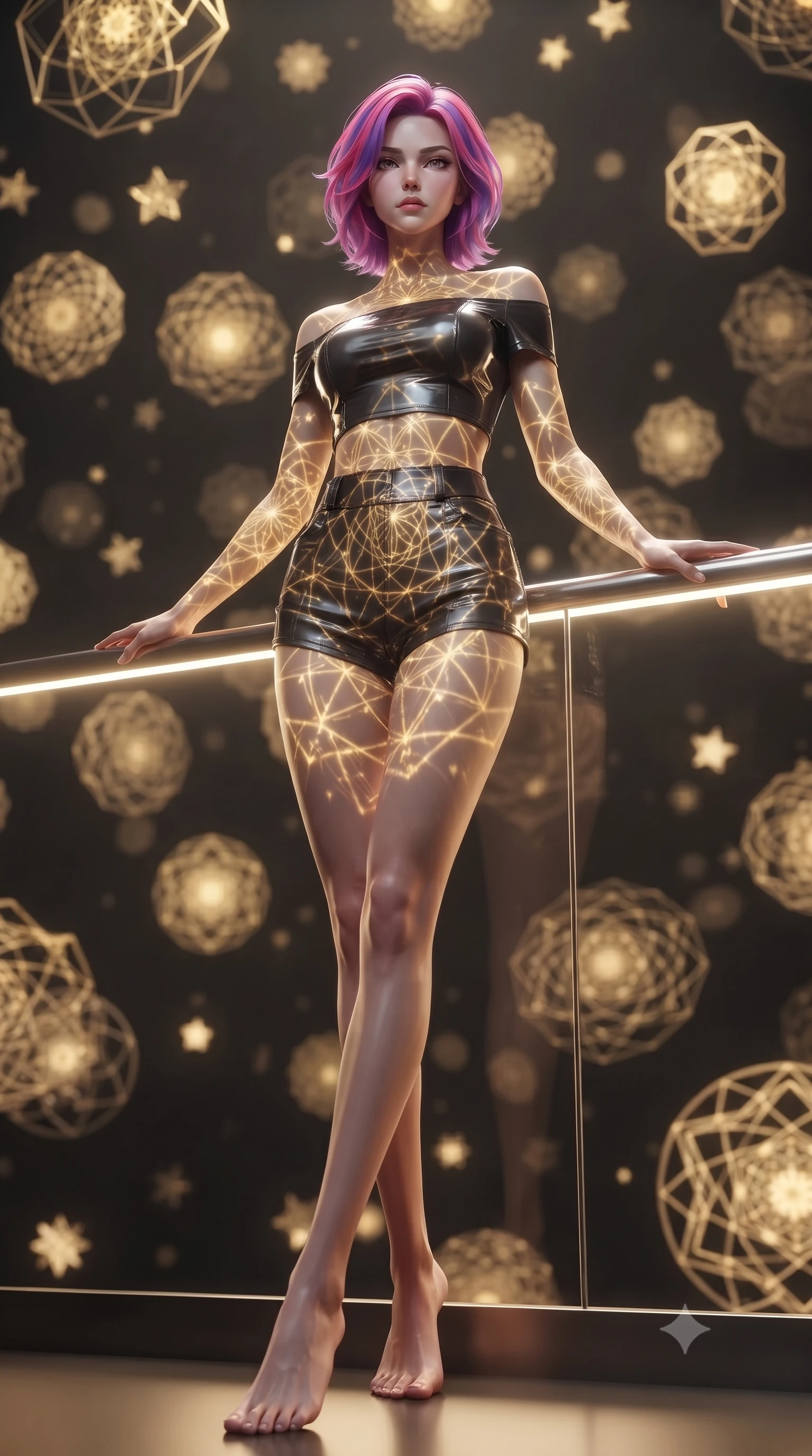 score_9, masterpiece, best quality, ultra-detailed, high-budget anime keyframe, editorial fashion photography, tasteful artistic composition, Caucasian woman. low angle full-body shot from head to toe showing her feet, filling the entire 9:16 vertical frame with her statuesque presence, stretching her vertical silhouette. standing in a tall, confident posture with one hand on a glowing metal railing, stretching her statuesque body, the background shows a soft-focus a void center with golden geometric mandalas floating in infinite space. She has an absolutely perfect, statuesque 8.5-heads proportion, an exceptionally tall and slender model-like female figure with impossibly long slender legs and an ultra-slim waist. sharp v-shaped jawline, high-bridge nose, intricate jewel-like eyes with depth, thick eyelashes, glossy lips with a natural sheen. wearing a tailored chic off-shoulder carbon-plate crop top, paired with high-waisted utility micro-shorts. golden geometric mandalas projecting warm light patterns across her form. ultra-reflective glossy finish, specular highlights, metallic sheen, high-contrast stereoscopic depth, volumetric dynamic lighting, 2k, ultra detail, master piece, 9:16 ratio