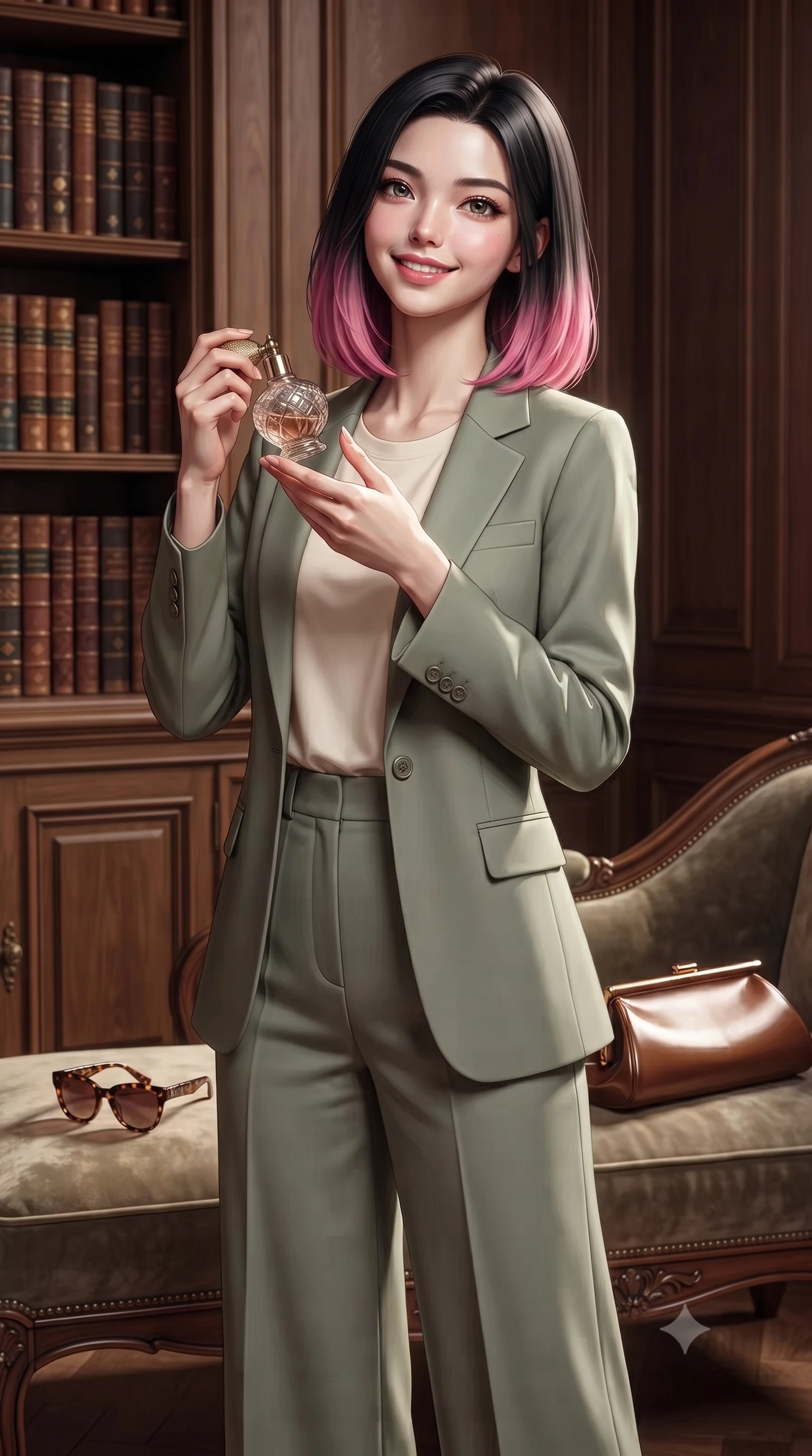 score_9, masterpiece, best quality, ultra-detailed, high-budget anime keyframe, editorial fashion photography, tasteful artistic composition, Korean woman. close-up cowboy shot from the waist and thighs up, the character dominates the composition, filling the frame with her large presence, background elements kept in soft focus. holding a vintage perfume bottle to her neck, smiling with quiet magnetic self-assurance set against a soft-focus background of inside an exclusive historic manor library with a pair of designer sunglasses and a sleek leather clutch bag on the lounger. She has an exceptionally elegant, slender, and willowy female figure with an ultra-slim waist, a gracefully sculpted slender torso, and a refined silhouette. sharp v-shaped jawline, high-bridge nose, intricate jewel-like eyes with depth, thick eyelashes, glossy lips with a natural sheen. wearing form-contouring sage green semi-opaque chiffon tailored casual blazer paired with a loose tee and wide-leg trousers featuring refined tailored seams. accented by a single dramatic key light highlighting her statuesque posture and slim waist. ultra-reflective glossy finish, specular highlights, metallic sheen, high-contrast stereoscopic depth, volumetric dynamic lighting, 2k, ultra detail, master piece, 9:16 ratio