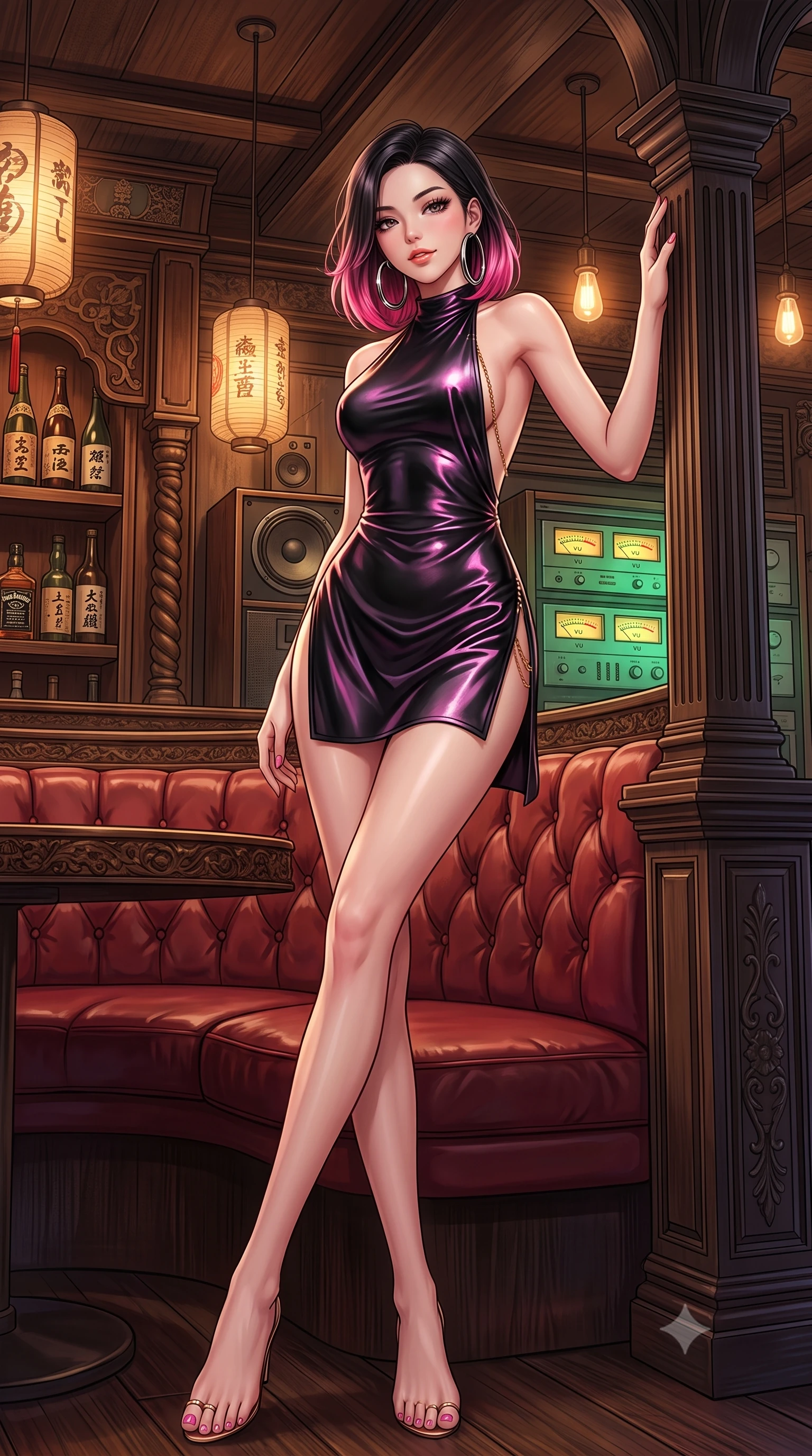 score_9, masterpiece, best quality, ultra-detailed, high-budget anime keyframe, semi-realistic 3D game render, editorial fashion photography, tasteful artistic composition, Korean woman. low angle full-body shot from head to toe showing her feet, filling the entire 9:16 vertical frame with her statuesque presence, stretching her vertical silhouette. standing tall beside the architectural column, one hand resting high while arching her lower back to emphasize her sculpted feminine hips and slender waist while lounging across a circular red leather booth with legs crossed, arching her lower back with seductive retro lounge elegance. The surrounding environment is rendered in vivid detail and crisp panoramic clarity: detailed satin slip dress drape, delicate gold chain shine, and vintage Japanese bar interior craftsmanship in razor-sharp precision. She has an absolutely perfect, statuesque 8.5-heads proportion, an exceptionally tall and slender model-like female figure with impossibly long slender legs, an ultra-slim waist, a flat toned midriff, narrow delicate ribcage, and beautifully sculpted feminine hips creating a graceful, slim hourglass silhouette without any bulky heaviness. sharp v-shaped jawline, high-bridge nose, sparkling eyes with hypnotic seductive depth, thick curled eyelashes, glossy parted lips with a natural dewy peach sheen, alluring bedroom-eyes with an enchanting coquettish smile, exuding magnetic siren charisma and sophisticated glamour, flawlessly proportioned anatomical accuracy, strict slender model proportions, natural body alignment, perfectly sculpted long slender limbs, ultra-slim waistline, clean dynamic posture without body distortion. wearing a slinky backless halterneck column mini dress in shimmering stretch lurex with deep side slits in wet-look onyx black with electric fuchsia reflections, woven from buttery-soft stretch lambskin leather adhering to her body like a second skin, accented with oversized polished chrome hoop earrings catching the ambient neon glow, the form-contouring silhouette accentuating her sculpted flat midriff, narrow delicate ribcage, and gracefully curvy hips with intoxicating allure. bathed in warm incandescent pendant lighting and glowing green-and-amber stereo VU meter backlights. highly saturated vibrant anime colors, detailed shading with soft gradients, rich glossy textures, high-contrast stereoscopic depth, volumetric dynamic lighting, master piece, 9:16 ratio