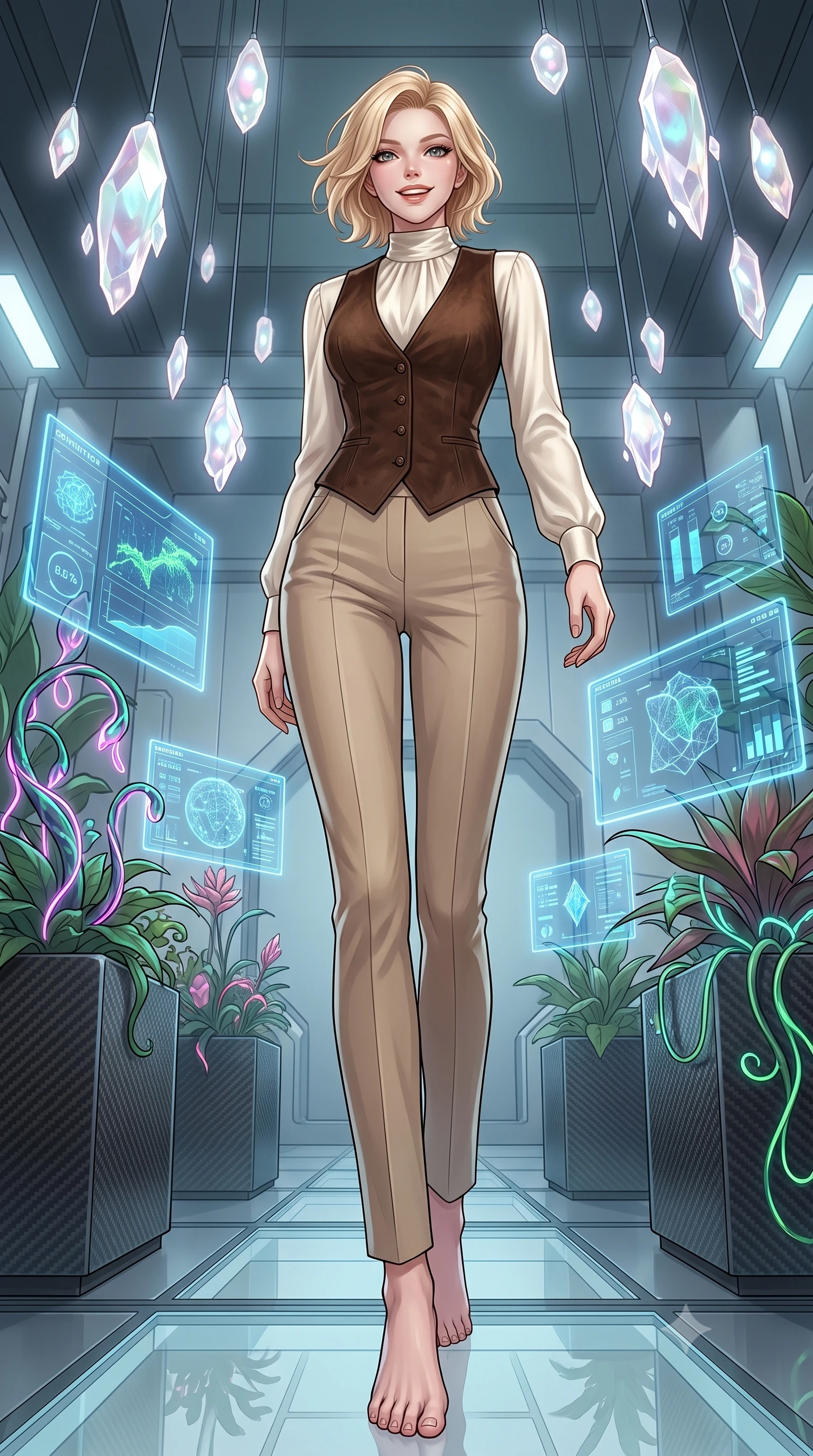 score_9, masterpiece, best quality, ultra-detailed, high-budget anime keyframe, editorial fashion photography, tasteful artistic composition, Caucasian woman, strictly human ears. low angle full-body shot from head to toe showing her feet, filling the entire 9:16 vertical frame with her statuesque presence, stretching her vertical silhouette. ascending with a radiant, excited smile through inside a high-tech botanical research laboratory with carbon-fiber pots, neon-vined plants, and blue status displays mapping their growth. She has a statuesque 8.5-heads proportion, an exceptionally tall, slender and willowy model-like build with impossibly long legs and a highly sculpted ultra-slim waist. sharp v-shaped jawline, high-bridge nose, intricate jewel-like eyes with depth, thick eyelashes, glossy lips with a natural sheen. wearing a high-neck ivory silk blouse under a dark brown suede vest, paired with beige tailored trousers. ethereal pearlescent light emanating from floating crystalline formations all around. 2k, ultra detail, master piece, 9:16 ratio