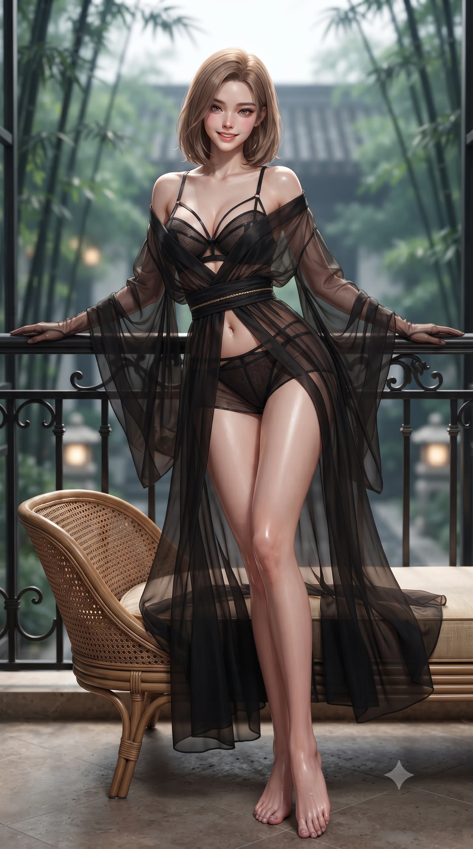 score_9, masterpiece, best quality, ultra-detailed, high-budget anime keyframe, editorial fashion photography, tasteful artistic composition, Korean woman. low angle full-body shot from head to toe showing her feet, filling the entire 9:16 vertical frame with her statuesque presence, stretching her vertical silhouette. leaning deep against the balcony balustrade with hips cocked back in an unapologetically alluring high-fashion stance, casting an intoxicating glance while lounging gracefully across the woven rattan daybed propped on one elbow, casting an irresistible, heavy-lidded bedroom-gaze. The background shows a soft-focus swaying black bamboo culms outside glass walls, glowing stone courtyard lanterns, and vintage Shanghai French villa rooflines blurred into jade, topaz, and indigo bokeh. She has an exceptionally tall and slender model-like 8.5-heads proportion, an ultra-slim waist, a flat toned midriff, narrow delicate ribcage, and beautifully sculpted feminine hips creating a graceful, slim hourglass silhouette without any bulky heaviness, with impossibly long slender legs. sharp v-shaped jawline, high-bridge nose, intricate jewel-like sparkling eyes with depth, thick eyelashes, glossy parted lips with a natural peach sheen, bright cheerful beaming smile with an enchanting and coquettish sensual glint, exuding both youthful cute charm and seductive allure, flawlessly proportioned anatomical accuracy, strict slender model proportions, natural body alignment, perfectly sculpted long slender limbs, ultra-slim waistline, clean dynamic posture without body distortion. wearing an ethereal translucent silk chiffon yukata robe slipping off bare shoulders over a strappy underwire bralette and micro-shorts in Shanghai noir black and imperial 24k gold, made of sheer gossamer chiffon that drapes softly against skin with airy translucence, complemented by sheer opera-length evening gloves tracing her slender arms, the form-contouring silhouette accentuating her sculpted flat midriff, narrow delicate ribcage, and gracefully curvy hips with intoxicating allure. illuminated by conservatory glass bounce and sharp champagne-gold rim lights sculpting her features, flat midriff, and slender waist. ultra-reflective glossy finish, specular highlights, rich textural contrasts, high-contrast stereoscopic depth, volumetric dynamic lighting, 2k, ultra detail, master piece, 9:16 ratio