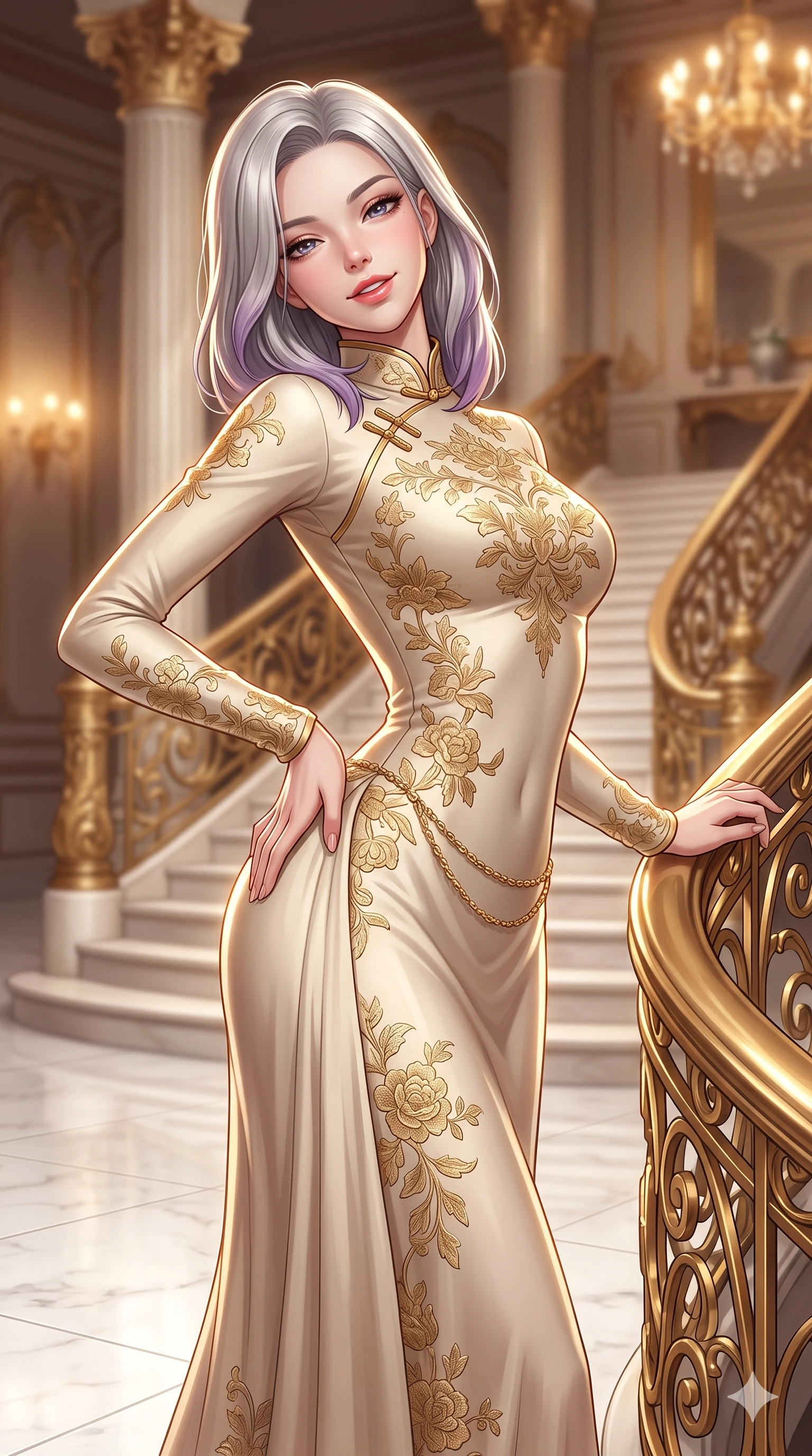 score_9, masterpiece, best quality, ultra-detailed, high-budget anime keyframe, semi-realistic 3D game render, editorial fashion photography, tasteful artistic composition, Caucasian woman. close-up cowboy shot from the waist and thighs up, the character dominates the composition, filling the frame with her large presence. arching her spine backward with effortless dancer poise, one hand sliding along her hip line as directional light carves specular highlights along her silhouette while twisting her slender torso in an alluring S-curve while holding the gilded filigree banister, flashing an intoxicating smile with parted glossy lips. The background shows a soft-focus luxurious foyer atmosphere softened in Belle Époque grand staircase shallow focus. She has an exceptionally elegant, slender, and willowy female figure with an ultra-slim waist, flat toned midriff, narrow ribcage, and sculpted feminine hips creating an alluring, slim hourglass silhouette without bulk. sharp v-shaped jawline, high-bridge nose, intricate jewel-like sparkling eyes with depth, thick eyelashes, glossy parted lips with a natural sheen, intensely captivating and seductive bedroom-eyes expression, exuding both youthful cute charm and sovereign luxury allure, flawlessly proportioned anatomical accuracy, strict slender model proportions, natural body alignment, perfectly sculpted long slender limbs, ultra-slim waistline, clean dynamic posture without body distortion. wearing a prestigious high-neck long-sleeve silk cheongsam evening gown with modest silhouette and embroidered floral crests in Istrian stone cream and antique gold-leaf, tailored from heavy double-faced silk georgette with an exceptionally fluid drape, accented with a delicate gold chain belt resting loosely on her curvy hips, the bespoke structured tailoring following the natural line of her 8.5-heads silhouette with refined elegance. illuminated by white marble floor bounce and sharp diamond-gold rim lights carving her sculpted collarbones, ultra-slim waist, and curvy hips. highly saturated vibrant anime colors, detailed shading with soft gradients, rich glossy textures, high-contrast stereoscopic depth, volumetric dynamic lighting, master piece, 9:16 ratio