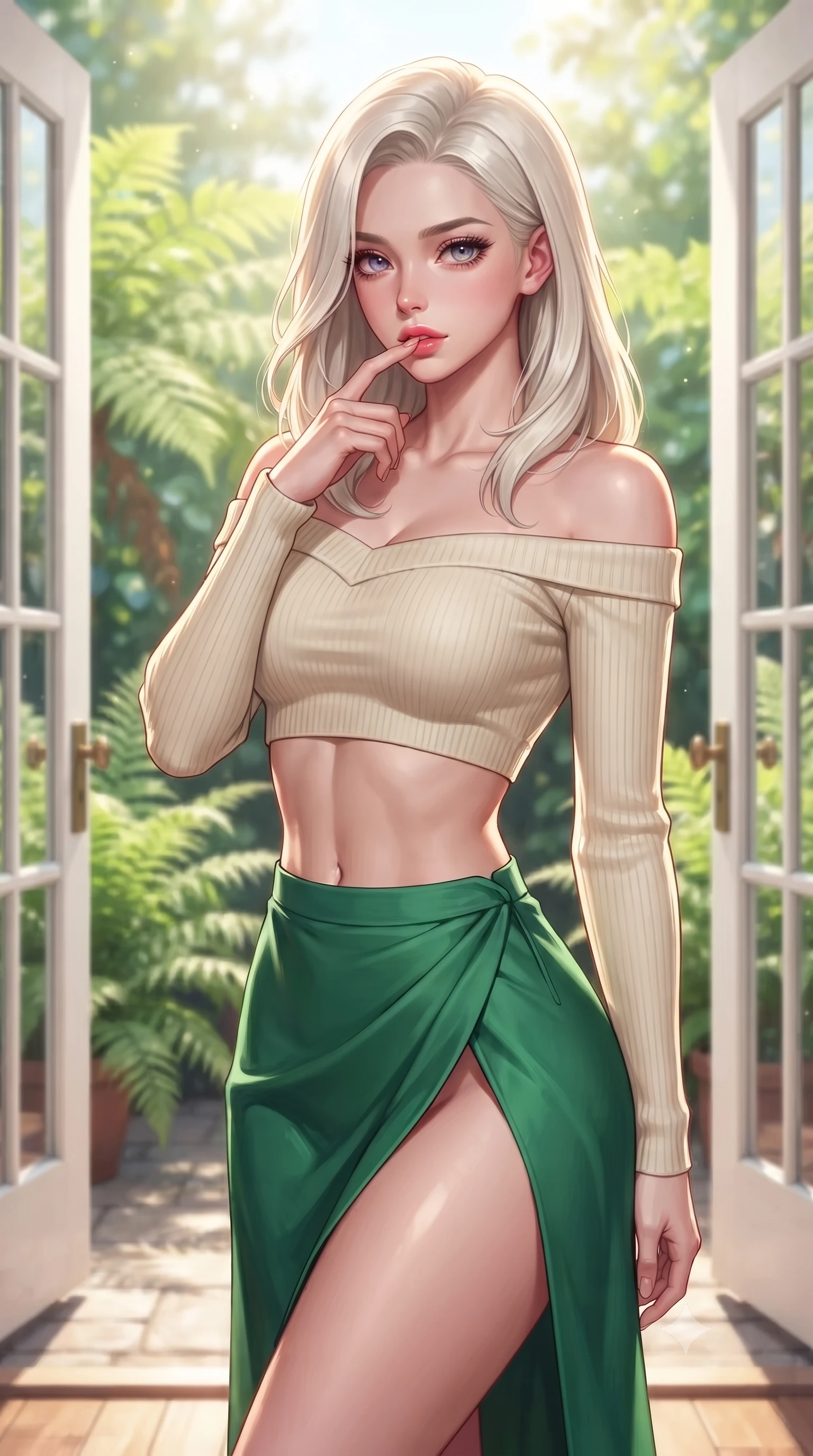 score_9, masterpiece, best quality, ultra-detailed, high-budget anime keyframe, editorial fashion photography, tasteful artistic composition, Caucasian woman. close-up cowboy shot from the waist and thighs up, the character dominates the composition, filling the frame with her large presence, background elements kept in soft focus. pressing one finger to her bottom lip in a thoughtful, seductive gesture under the warm sun the background shows a soft-focus a private sun-drenched patio with double glass doors opening to a lush fern garden. She has an exceptionally elegant, slender, and willowy female figure with an ultra-slim waist, a gracefully sculpted slender torso, and a refined silhouette. sharp v-shaped jawline, high-bridge nose, intricate jewel-like eyes with depth, thick eyelashes, glossy lips with a natural sheen. wearing a tailored cropped off-shoulder knit top in cream paired with a high-slit wrap skirt in emerald green. bright afternoon sun rays illuminating her form and green foliage. highly saturated vibrant anime colors, detailed shading with soft gradients, rich glossy textures, high-contrast stereoscopic depth, volumetric dynamic lighting, master piece, 9:16 ratio