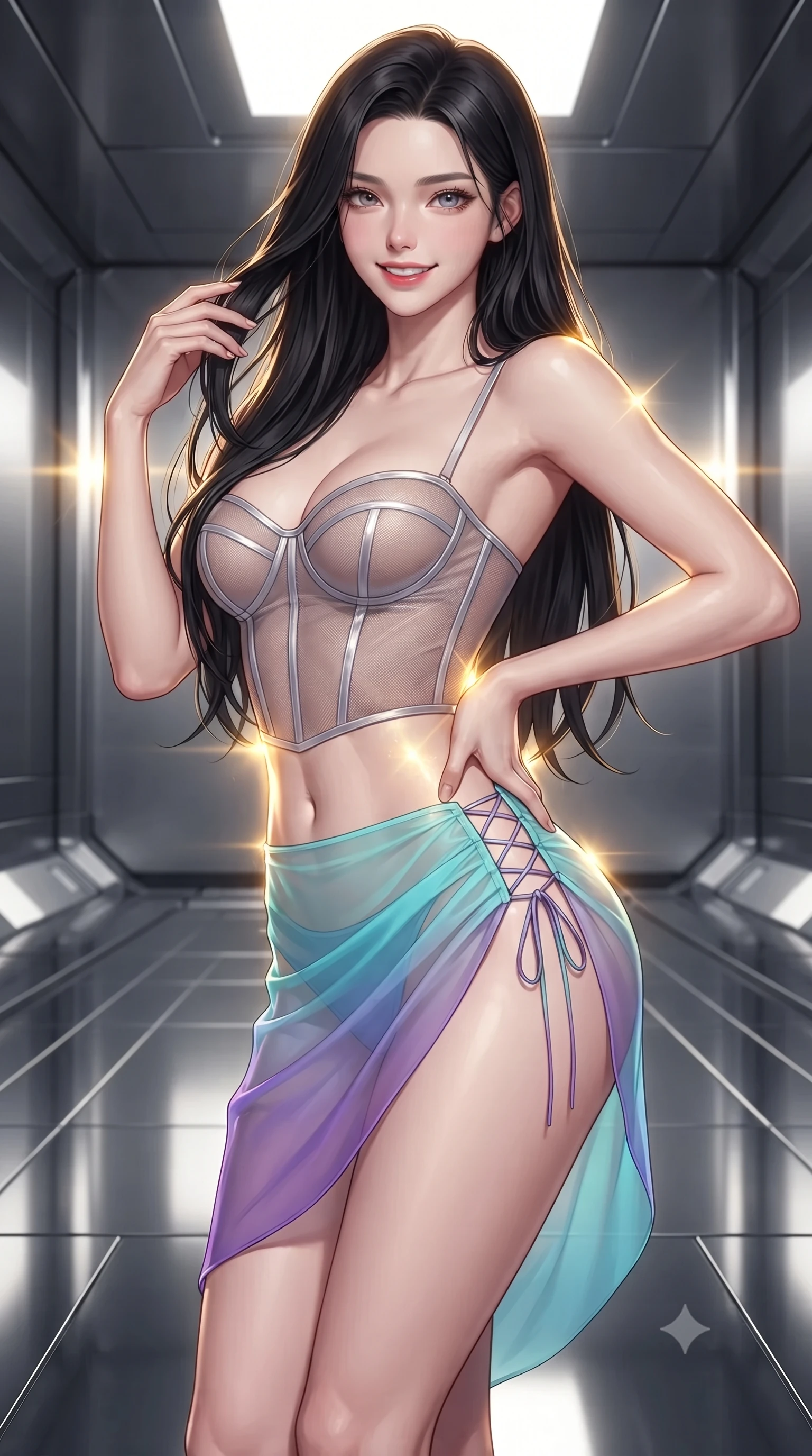 score_9, masterpiece, best quality, ultra-detailed, high-budget anime keyframe, editorial fashion photography, tasteful artistic composition, Korean woman. close-up cowboy shot from the waist and thighs up, the character dominates the composition, filling the frame with her large presence. twisting her slender torso in an alluring contrapposto stance, one hand resting on her sculpted hip while her fingers toy with her hair with effortless poise while twisting her slender torso in an alluring contrapposto stance, blinding solar flare coronas casting golden brilliance across her narrow waist and curvy hips. The surrounding environment is rendered in vivid detail and crisp panoramic clarity: sharp seamless titanium frame seams, perfect liquid mercury surface reflections, and solar flare magnetic arc filaments in deep focus. She has an exceptionally elegant, slender, and willowy female figure with an ultra-slim waist, flat toned midriff, narrow ribcage, and sculpted feminine hips creating an alluring, slim hourglass silhouette without bulk. sharp v-shaped jawline, high-bridge nose, intricate jewel-like sparkling eyes with depth, thick eyelashes, glossy parted lips with a natural peach sheen, bright cheerful beaming smile with an enchanting and coquettish sensual glint, exuding both youthful cute charm and seductive allure, flawlessly proportioned anatomical accuracy, strict slender model proportions, natural body alignment, perfectly sculpted long slender limbs, ultra-slim waistline, clean dynamic posture without body distortion. wearing a provocative translucent mesh corset bodice with boned satin channels paired with a sheer chiffon wrap skirt in Cheonggyecheon neon aqua and ultraviolet amethyst, crafted from fluid liquid silk satin that clings smoothly to her narrow waist and rounded hips with a dewy sheen, featuring fine criss-cross lace-up side ties revealing tantalizing glimpses of her hip curve, the glove-like clinging cut tightly following the natural contour of her hips and long slender legs with youthful 8.5-heads elegance. illuminated by floor panel reflection bounce and intense solar-gold rim lights defining her razor-sharp jawline, narrow waist, and curvy hips. ultra-reflective glossy finish, specular highlights, rich textural contrasts, high-contrast stereoscopic depth, volumetric dynamic lighting, 2k, ultra detail, master piece, 9:16 ratio