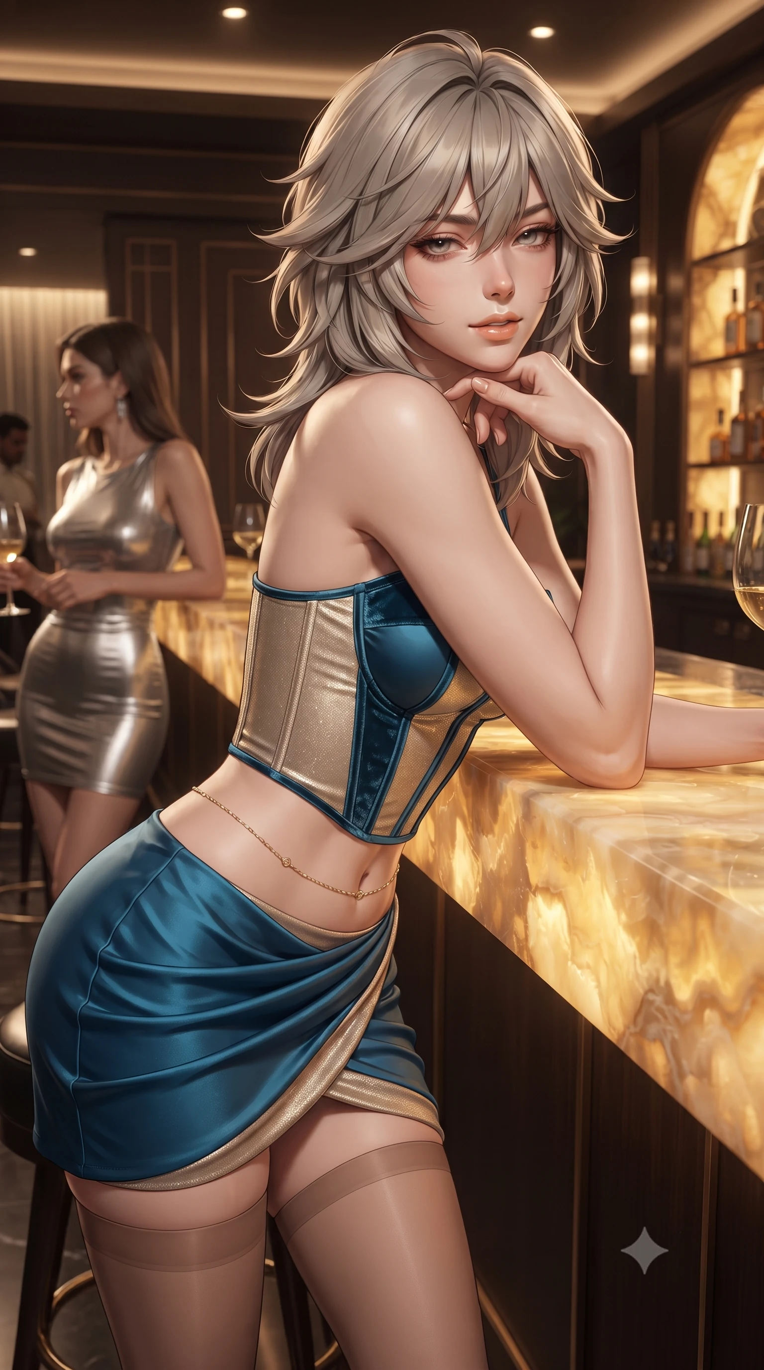 score_9, masterpiece, best quality, ultra-detailed, high-budget anime keyframe, editorial fashion photography, tasteful artistic composition, Japanese woman. close-up cowboy shot from the waist and thighs up, the character dominates the composition, filling the frame with her large presence. resting one elbow on the table and supporting her chin, leaning close to the camera with heavy-lidded sparkling eyes and parted lips while leaning against the glowing golden onyx bar counter with hips cocked back, looking over a bare shoulder with an irresistible bedroom-gaze. The surrounding environment is rendered in vivid detail and crisp panoramic clarity: detailed liquid silver jersey bodycon dress cling, side cutout edges, and master interior architecture in razor-sharp precision. She has an exceptionally elegant, slender, and willowy female figure with an ultra-slim waist, flat toned midriff, narrow ribcage, and sculpted feminine hips creating an alluring, slim hourglass silhouette without bulk. sharp v-shaped jawline, high-bridge nose, intricate jewel-like sparkling eyes with depth, thick eyelashes, glossy parted lips with a natural peach sheen, bright cheerful beaming smile with an enchanting and coquettish sensual glint, exuding both youthful cute charm and seductive allure, flawlessly proportioned anatomical accuracy, strict slender model proportions, natural body alignment, perfectly sculpted long slender limbs, ultra-slim waistline, clean dynamic posture without body distortion. wearing a structured boned satin corset bodice with crushed velvet piping paired with a draped tulip mini skirt and sheer thigh-highs in Monaco Mediterranean azure blue and champagne gold, woven from stretch metallic lurex jersey casting radiant starlight glints across her curves, accented with a dainty gold belly chain resting across her flat midriff and curving hips, the second-skin tailored fabric adhering flawlessly to her sculpted flat midriff and slender torso, emphasizing her long leg lines and perfectly proportioned willowy build. illuminated by low-key ambient bar downlights and crisp honey-gold rim lights defining her jawline, flat midriff, and slender waist. ultra-reflective glossy finish, specular highlights, rich textural contrasts, high-contrast stereoscopic depth, volumetric dynamic lighting, 2k, ultra detail, master piece, 9:16 ratio