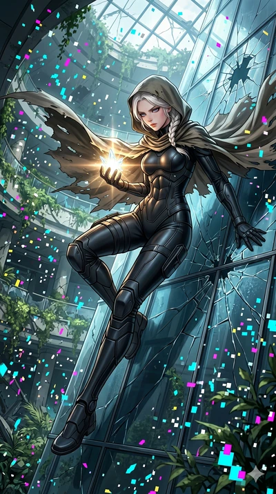 score_9, masterpiece, best quality, ultra-detailed, Set A: High-budget Anime Keyframe, Korean woman. Low angle cowboy shot filling the entire 9:16 frame with her statuesque presence. Theme: Historical Remix. sliding down a glass skyscraper in a ruine