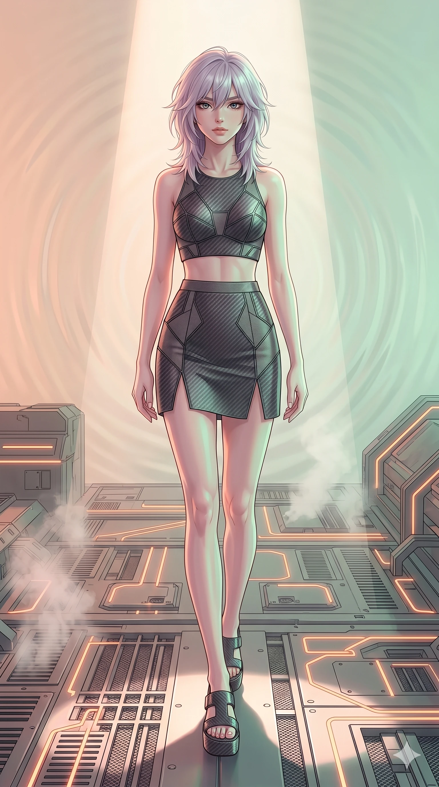 score_9, masterpiece, best quality, ultra-detailed, high-budget anime keyframe, editorial fashion photography, tasteful artistic composition, Japanese woman. low angle full-body shot from head to toe showing her feet, filling the entire 9:16 vertical frame with her statuesque presence, stretching her vertical silhouette. Stepping forward from the shadows into a bright beam of light, her form suddenly illuminated on a high-tech industrial platform surrounded by venting steam and orange neon lines, as gravity waves create subtle ripples in the atmospheric background. She has an absolutely perfect 8-heads proportion, an exceptionally tall and slender female figure with impossibly long slender legs and an ultra-slim waist. V-shaped jawline, high-bridge nose, intricate jewel-like eyes with depth, thick eyelashes, glossy lips with a natural sheen. wearing a structured crop top made of matte carbon fiber plates and a matching high-waist split-hem skirt. under soft peach and mint green pastel lighting, creating a dreamy, ethereal color scheme. 2k, ultra detail, master piece, 9:16 ratio