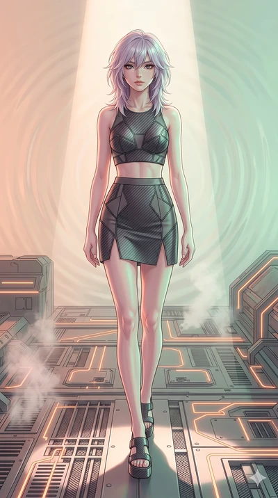 score_9, masterpiece, best quality, ultra-detailed, high-budget anime keyframe, editorial fashion photography, tasteful artistic composition, Japanese woman. low angle full-body shot from head to toe showing her feet, filling the entire 9:16 vertical