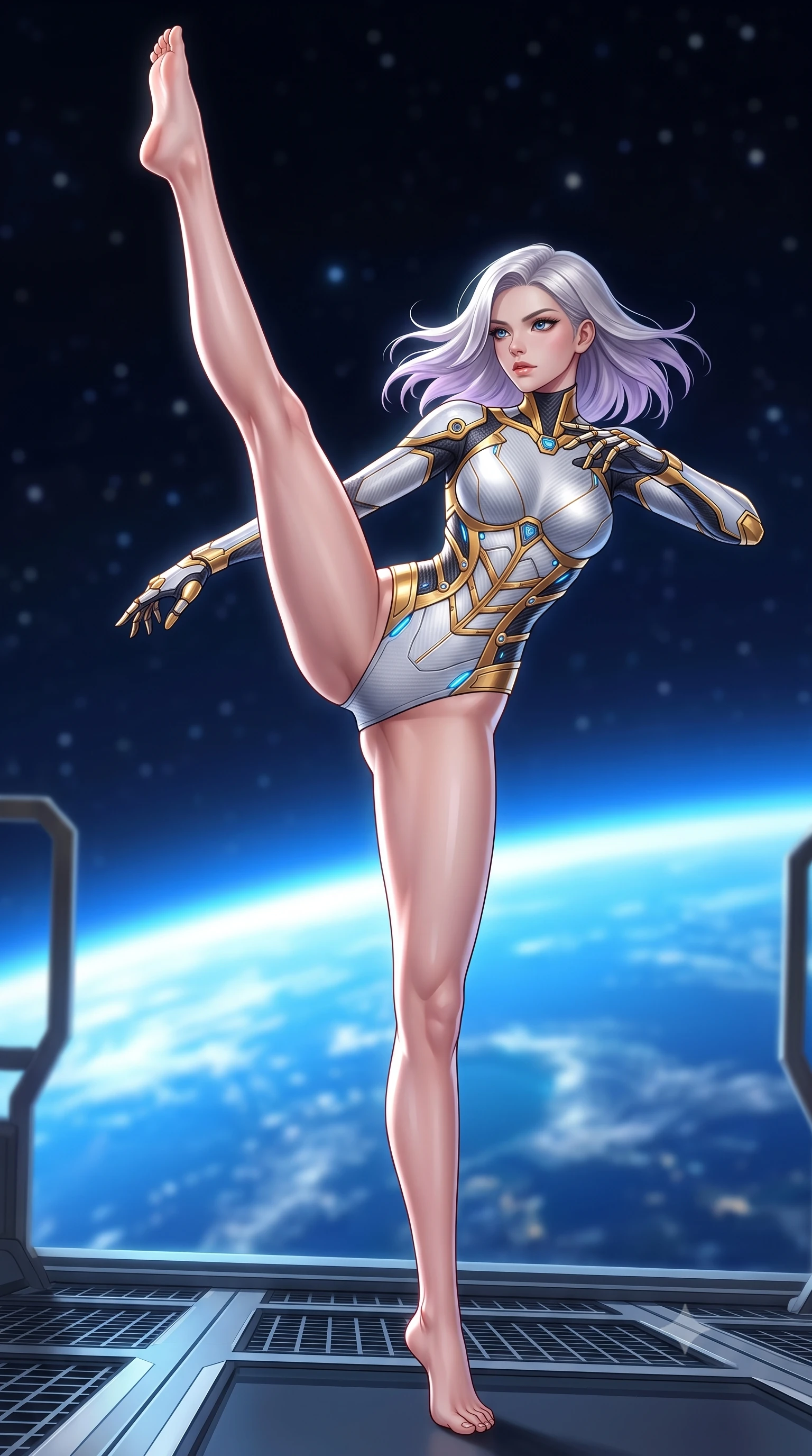 score_9, masterpiece, best quality, ultra-detailed, high-budget anime keyframe, semi-realistic 3D game render, editorial fashion photography, tasteful artistic composition, Caucasian woman. low angle full-body shot from head to toe showing her feet, filling the entire 9:16 vertical frame with her statuesque presence, stretching her vertical silhouette. executing a breathtaking zero-gravity high-kick with full 180-degree vertical extension, her impossibly long slender legs dominating the frame with razor-sharp poise while executing a high-speed kinetic parry and pivot on the open-air gantry of a space elevator ring 100 kilometers above Earth. The composition keeps background elements in soft focus with creamy bokeh. glowing blue horizon of planet Earth and deep starry space blurred into clean azure, white, and pitch-black bokeh. She has an absolutely perfect, statuesque 8.5-heads proportion, an exceptionally tall and slender model-like female figure with impossibly long slender legs, a toned flat midriff, and an ultra-slim waist. sharp v-shaped jawline, high-bridge nose, intricate jewel-like eyes with depth, thick eyelashes, glossy lips with a natural sheen, flawlessly proportioned anatomical accuracy, strict slender model proportions, natural body alignment, perfectly sculpted long slender limbs, ultra-slim waistline, clean dynamic posture without body distortion. wearing a precision-tailored high-fashion carbon-fiber corset bodysuit with gold mechanical rib boning and kinetic shock-dampening palms in arctic white carbon composite with radiant solar gold plating, made of lightweight aerodynamic carbon-titanium alloy with polished edge bevels, finished with high-mobility flexible limb seams and miniature magnetic armor locks, the glove-like aerodynamic second-skin fit tightly clinging to her ultra-slender waist and athletic curves without adding bulk, accentuating her razor-sharp statuesque lines and slim hourglass silhouette. illuminated by crisp specular highlights tracing her sculpted collarbones, waistline, and long slender legs. rich saturated anime colors with glowing neon highlights, detailed shading with soft gradients, rich glossy textures, high-contrast stereoscopic depth, volumetric dynamic lighting, master piece, 9:16 ratio