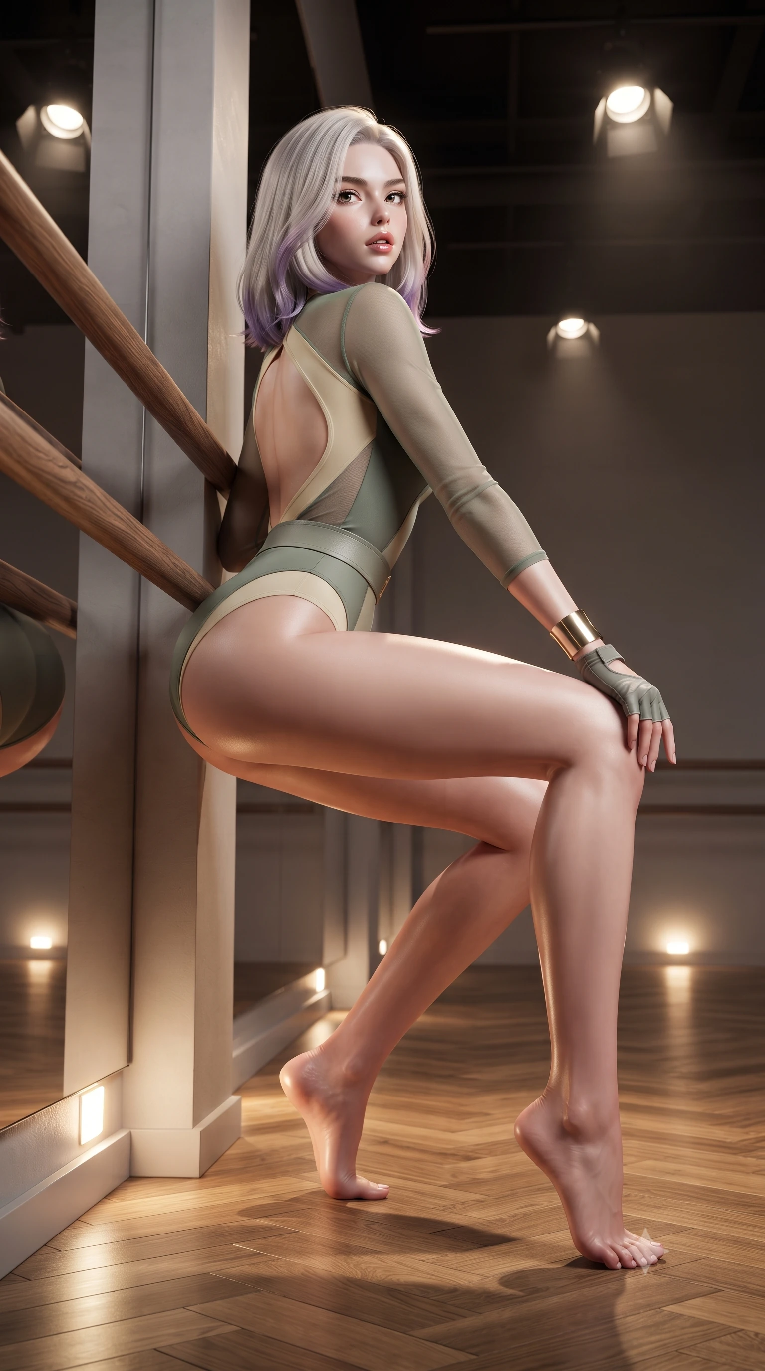 score_9, masterpiece, best quality, ultra-detailed, high-budget anime keyframe, editorial fashion photography, tasteful artistic composition, Caucasian woman. low angle full-body shot from head to toe showing her feet, filling the entire 9:16 vertical frame with her statuesque presence, stretching her vertical silhouette. leaning deep against the structural architecture with hips cocked in an unapologetically bold, seductive high-fashion stance while crouching in a low, balanced dancer plié on the reflective floor, her athletic feminine curves and toned hips creating a breathtaking line. The surrounding environment is rendered in vivid detail and crisp panoramic clarity. sharp mirror reflection seams, polished hardwood parquet flooring, and wooden barre grain in deep focus. She has an absolutely perfect, statuesque 8.5-heads proportion, an exceptionally tall and slender model-like female figure with impossibly long slender legs, a toned flat midriff, an ultra-slim waist, and beautifully sculpted feminine hips. sharp v-shaped jawline, high-bridge nose, intricate jewel-like eyes with depth, thick eyelashes, glossy parted lips with a natural sheen, intensely captivating and seductive bedroom-eyes expression, flawlessly proportioned anatomical accuracy, strict slender model proportions, natural body alignment, perfectly sculpted long slender limbs, ultra-slim waistline, clean dynamic posture without body distortion. wearing a layered dance bodysuit with sheer mesh sleeves and form-fitting hip-cinching belt in sage green and warm cream, tailored from fluid modal jersey adhering seamlessly to her slender frame, accessorized with fingerless athletic wrap gloves and minimalist gold cuffs, the dramatically scooped open back descending to the base of her spine, accentuating her razor-sharp statuesque lines and curvy hourglass silhouette. bathed in warm floor-level uplighting and dramatic overhead theatrical spotlights. ultra-reflective glossy finish, specular highlights, rich textural contrasts, high-contrast stereoscopic depth, volumetric dynamic lighting, 2k, ultra detail, master piece, 9:16 ratio