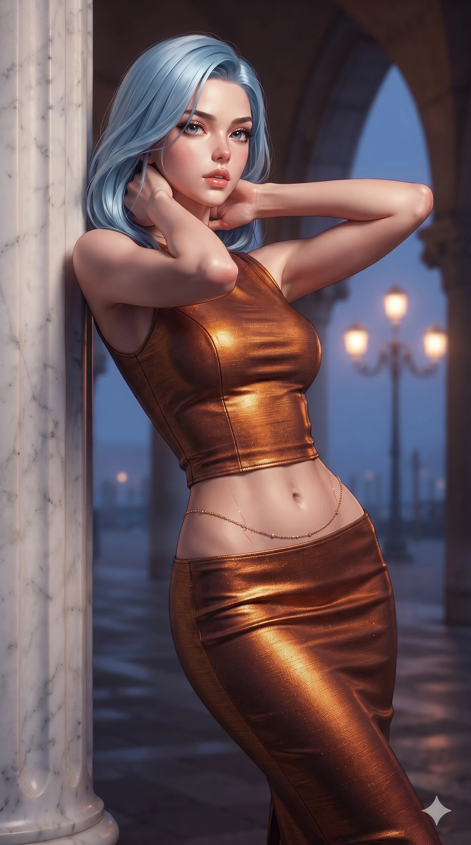 score_9, masterpiece, best quality, ultra-detailed, high-budget anime keyframe, editorial fashion photography, tasteful artistic composition, Korean woman. close-up cowboy shot from the waist and thighs up, the character dominates the composition, filling the frame with her large presence. resting both hands lightly behind her neck with elbows raised, arching her spine to highlight her narrow waist, flat midriff, and breathtaking collarbones while leaning against a fluted marble column with hips cocked back, gazing through the misty piazza with intoxicating, smoldering bedroom-eyes. The background shows a soft-focus soaring gothic stone arches, glowing historic gas lanterns, and distant misty lagoon waters blurred into cobalt, amber, and alabaster bokeh. She has an exceptionally elegant, slender, and willowy female figure with an ultra-slim waist, flat toned midriff, narrow ribcage, and sculpted feminine hips creating an alluring, slim hourglass silhouette without bulk. sharp v-shaped jawline, high-bridge nose, intricate jewel-like sparkling eyes with depth, thick eyelashes, glossy parted lips with a natural sheen, intensely captivating and seductive bedroom-eyes expression, exuding both youthful cute charm and sovereign luxury allure, flawlessly proportioned anatomical accuracy, strict slender model proportions, natural body alignment, perfectly sculpted long slender limbs, ultra-slim waistline, clean dynamic posture without body distortion. wearing a glove-like stretch lambskin leather sheath dress accentuating her ultra-slim waistline without bulk in rich copper bronze and warm amber, woven from high-density tech-wool with subtle metallic thread weave, accented with a dainty gold belly chain resting across her flat midriff and curving hips, the impeccably tailored cut draping gracefully along her slender figure with aristocratic poise. bathed in the romantic atmospheric contrast of warm 2500K lantern glow beneath the arches and deep indigo twilight outside. ultra-reflective glossy finish, specular highlights, rich textural contrasts, high-contrast stereoscopic depth, volumetric dynamic lighting, 2k, ultra detail, master piece, 9:16 ratio