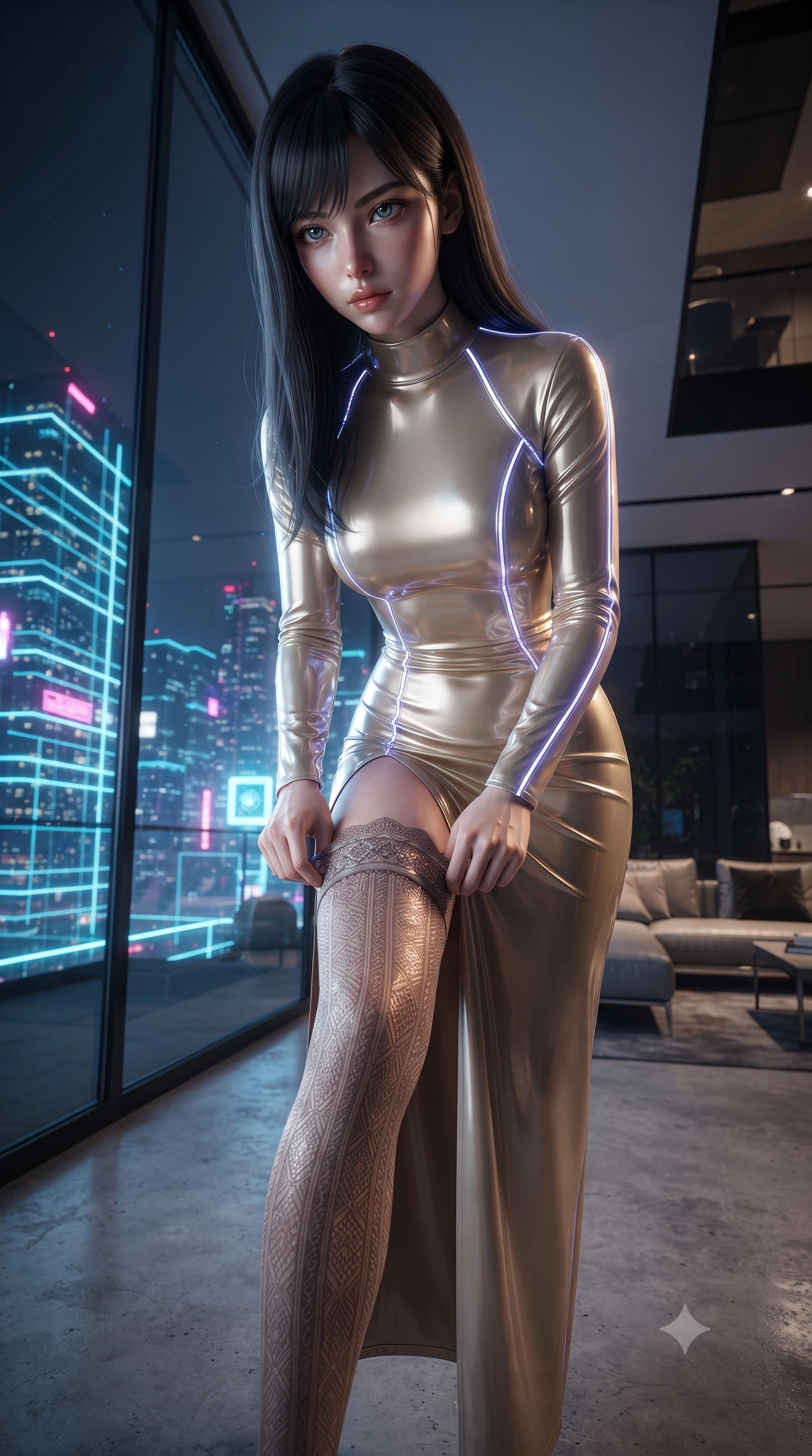 score_9, masterpiece, best quality, ultra-detailed, High-budget Anime Keyframe, editorial fashion photography, tasteful artistic composition, realistic cosplay photography, East Asian woman. Low angle cowboy shot filling the entire 9:16 frame with her statuesque presence. Scenario 404: adjusting her thigh-high stocking near a luxury penthouse with floor-to-ceiling glass walls overlooking a neon grid. Her presence is magnetic and overpowering in this high-budget cinematic scene. Outfit 404: a slim-fit champagne gold patent leather gown featuring a refined mock-neck collar and glowing LED seams. The clothing is designed to emphasize her exceptionally tall and slender 8-heads proportion. 8-heads proportion, towering silhouette, ultra-slim waist. sharp v-shaped jawline, intricate jewel-like eyes with depth, thick eyelashes, glossy lips. ultra-reflective glossy finish, specular highlights, metallic sheen, high-contrast stereoscopic depth, volumetric dynamic lighting, 2k, ultra detail, master piece, 9:16 ratio