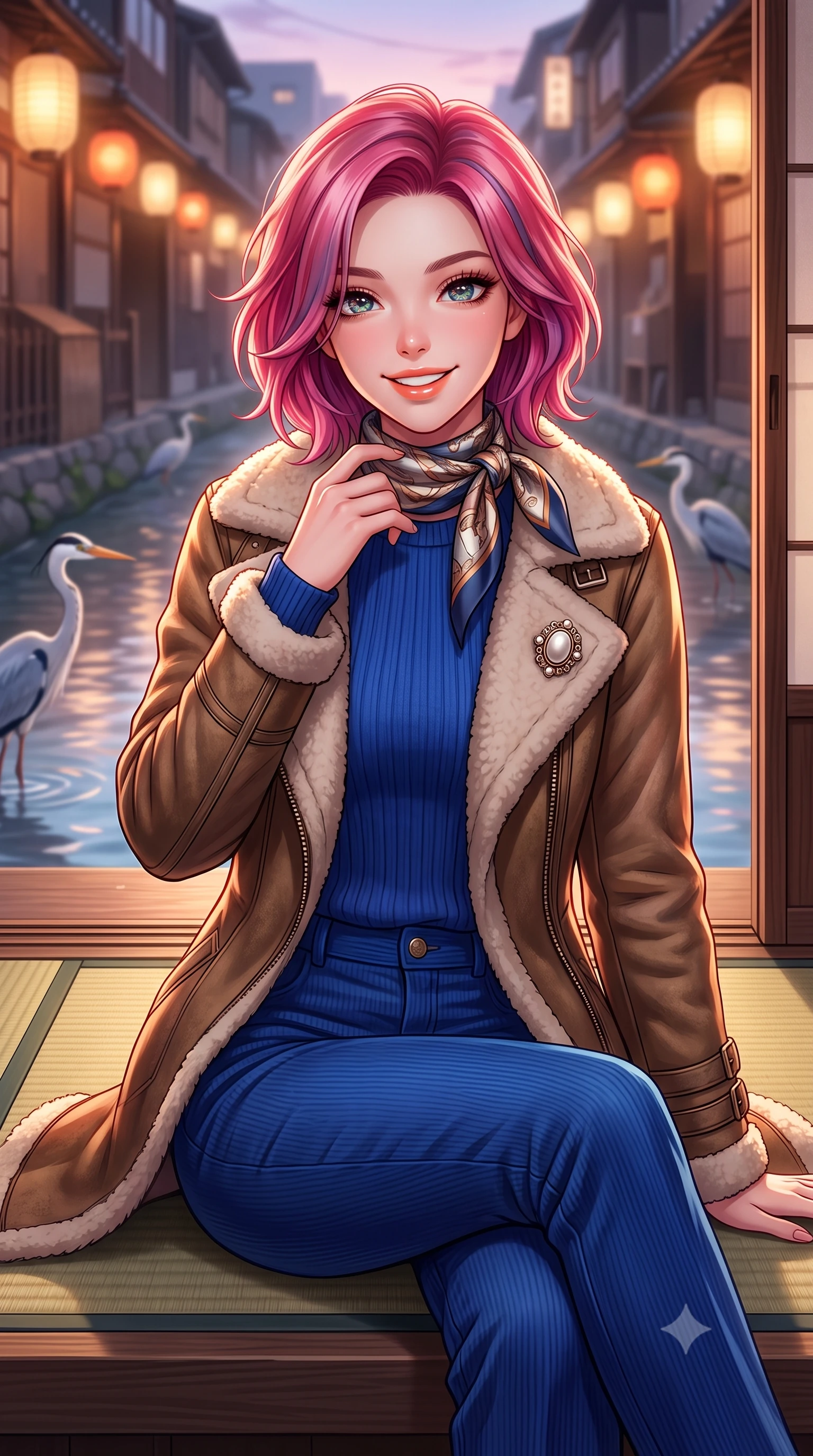 score_9, masterpiece, best quality, ultra-detailed, high-budget anime keyframe, semi-realistic 3D game render, editorial fashion photography, tasteful artistic composition, Caucasian woman. close-up cowboy shot from the waist and thighs up, the character dominates the composition, filling the frame with her large presence. touching her silk scarf with delicate fingertips while casting an affectionate, warm glance toward the lens while sitting gracefully on a tatami mat at the open veranda edge, watching herons wade in the Kamogawa river with tranquil charm. The background shows a soft-focus warm paper lanterns along Gion alleyways softened in romantic Kyoto dusk shallow focus. She has an exceptionally elegant, slender, and willowy female figure with an ultra-slim waist, flat toned midriff, narrow ribcage, and sculpted feminine hips creating an alluring, slim hourglass silhouette without bulk. sharp v-shaped jawline, high-bridge nose, intricate jewel-like sparkling eyes with depth, thick eyelashes, glossy parted lips with a natural peach sheen, bright cheerful beaming smile with an enchanting and coquettish sensual glint, exuding both youthful cute charm and seductive allure, flawlessly proportioned anatomical accuracy, strict slender model proportions, natural body alignment, perfectly sculpted long slender limbs, ultra-slim waistline, clean dynamic posture without body distortion. wearing a plush shearling-trimmed suede aviator coat layered over a cozy ribbed merino knit sweater and tailored corduroy pants in royal sapphire blue and antique brushed bronze, woven from fine Australian merino wool with a smooth fluid drape and subtle sheen, complemented by an antique baroque pearl brooch pinned tastefully on the lapel, the expertly draped wool fabric falling in crisp fluid lines along her tall 8.5-heads silhouette, celebrating her slender frame without excess fabric bulk. illuminated by river water specular reflection bounce and sharp copper-rose rim lights sculpting her jawline, narrow waist, and graceful model proportions. highly saturated vibrant anime colors, detailed shading with soft gradients, rich glossy textures, high-contrast stereoscopic depth, volumetric dynamic lighting, master piece, 9:16 ratio
