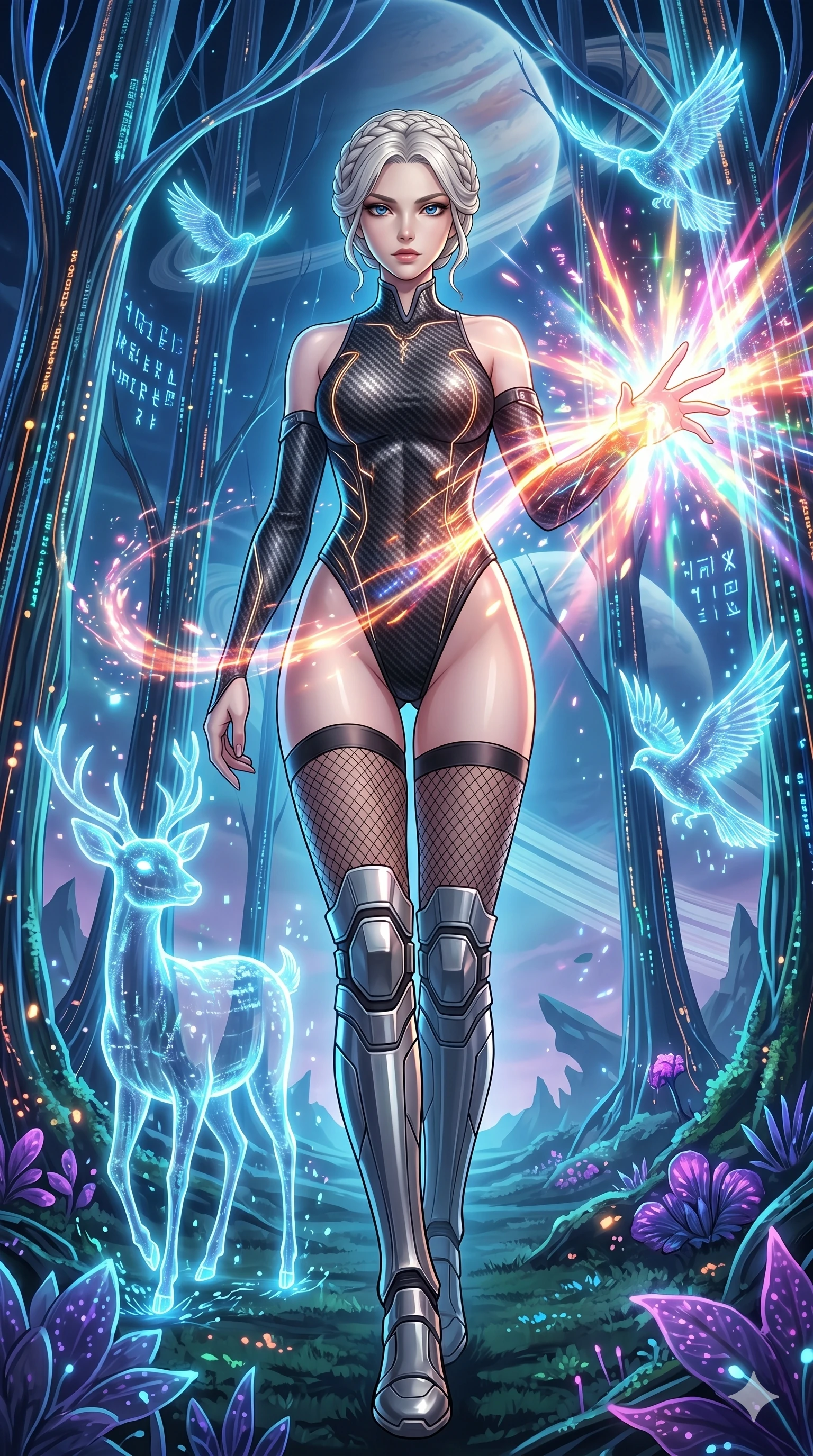 score_9, masterpiece, best quality, ultra-detailed, High-budget Anime Keyframe, vibrant colors, fluid line-art, expressive lighting, cinematic composition, Ufotable-style visual effects, top-tier animation quality, Caucasian woman with pale skin, blonde hair, and (strictly human ears). Cinematic low angle perspective showcasing her towering height and perfect 8-heads proportion. Walking through a futuristic digital forest where the trees are made of fiber-optics and glowing data streams, interacting with bioluminescent wildlife. She has an absolutely perfect 8-heads proportion, an exceptionally tall and slender female figure with impossibly long slender legs and an ultra-slim waist, her statuesque height and towering silhouette dominating the vertical 9:16 frame. Her face is a masterpiece featuring a sharp v-shaped jawline, high-bridge nose, intricate jewel-like eyes with depth, thick eyelashes, and glossy lips with a natural sheen. She is wearing a Asymmetrical high-cut tech-bodysuit with detached sleeves and glowing fiber-optic seams crafted from Carbon-fiber weave with a high-tech matte finish and integrated glowing filaments, accompanied by sensual fishnet stockings and thigh-high metallic boots. The scene is set in a mysterious alien planet with bioluminescent purple flora and a giant ringed planet in the sky, illuminated by intense energy flares from her powers illuminating the scene with brilliant light. 2k, ultra detail, master piece, 9:16 ratio