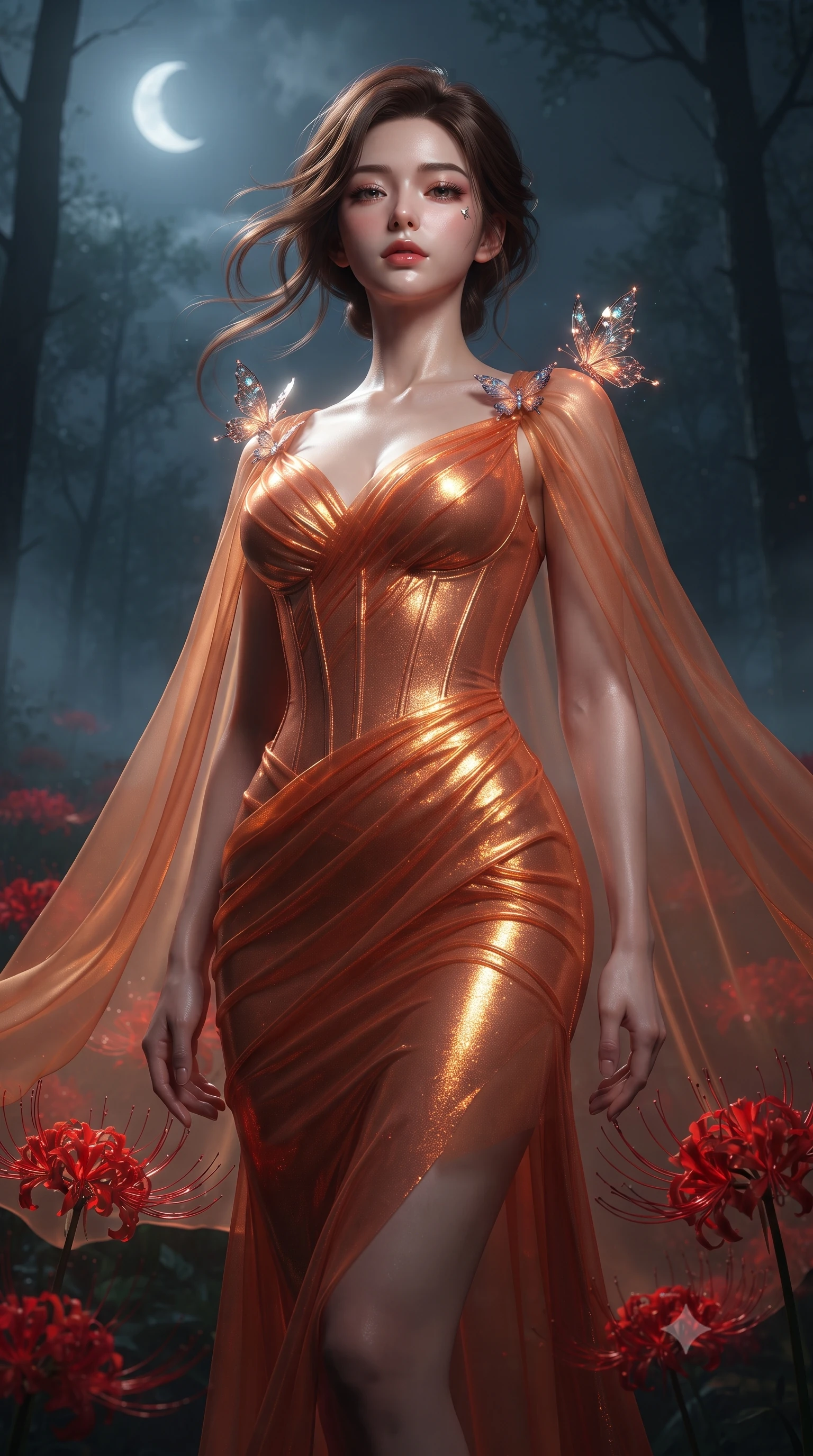 score_9, masterpiece, best quality, ultra-detailed, High-budget Anime Keyframe, editorial fashion photography, tasteful artistic composition, realistic cosplay photography, East Asian woman. Low angle cowboy shot filling the entire 9:16 frame with her statuesque presence. Scenario 546: watching digital butterflies land on her shoulders in a misty dark forest under a crescent moon with red spider lilies blooming. Her presence is magnetic and overpowering in this high-budget cinematic scene. Outfit 546: a body-hugging sunset orange shimmering chiffon corset dress draped with a semi-transparent chiffon cape. The clothing is designed to emphasize her exceptionally tall and slender 8-heads proportion. 8-heads proportion, towering silhouette, ultra-slim waist. sharp v-shaped jawline, intricate jewel-like eyes with depth, thick eyelashes, glossy lips. ultra-reflective glossy finish, specular highlights, metallic sheen, high-contrast stereoscopic depth, volumetric dynamic lighting, 2k, ultra detail, master piece, 9:16 ratio