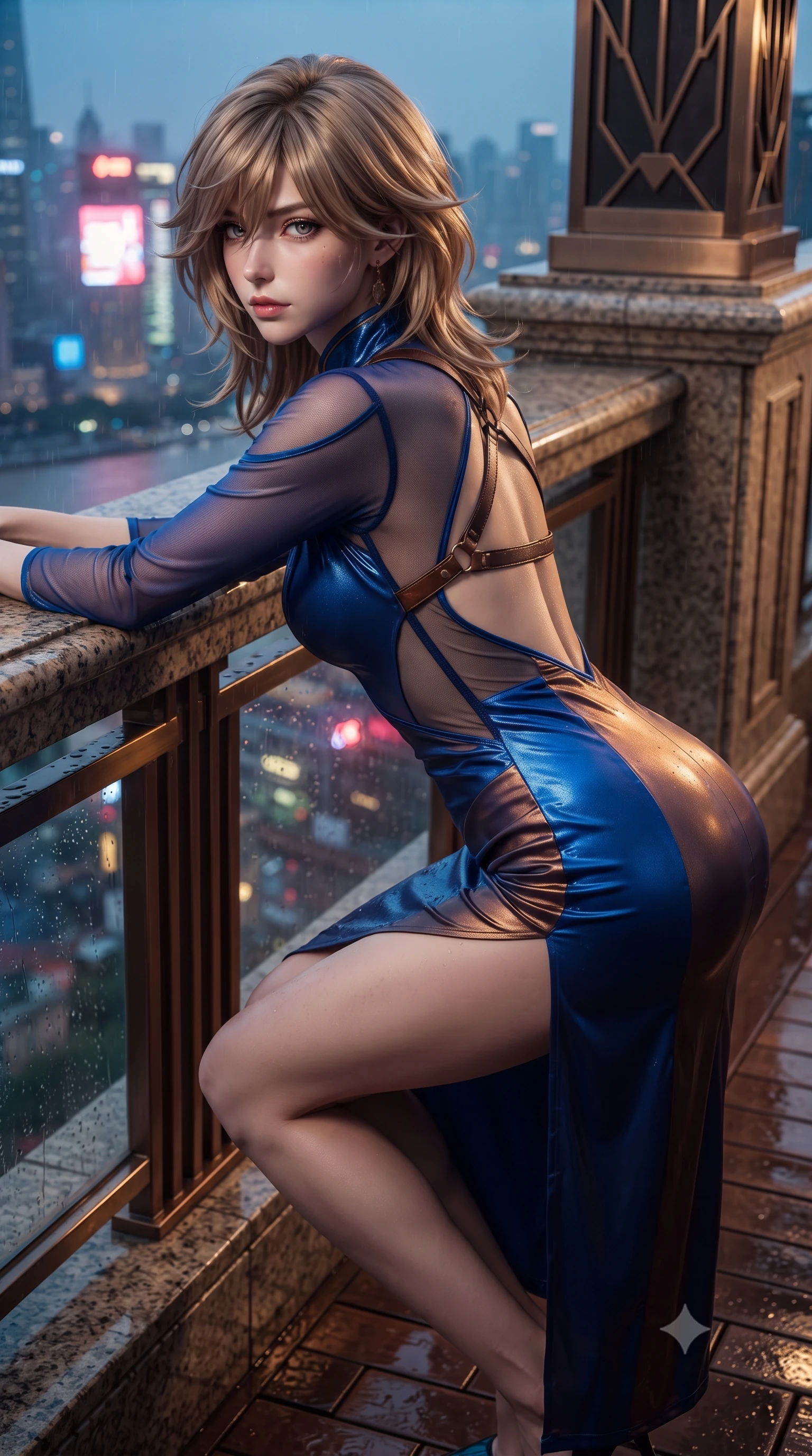 score_9, masterpiece, best quality, ultra-detailed, high-budget anime keyframe, editorial fashion photography, tasteful artistic composition, Japanese woman. close-up cowboy shot from the waist and thighs up, the character dominates the composition, filling the frame with her large presence. leaning forward against the polished railing with her hips cocked back, creating an intoxicating curve from her narrow waist to sculpted hips as she gazes back into the lens while crouching gracefully on the rain-slicked balcony deck, glancing back with smoldering bedroom-eyes as neon reflections wash over her dress. The surrounding environment is rendered in vivid detail and crisp panoramic clarity. sharp art deco geometric bronze moldings, polished parquet flooring, and stone balustrade in deep focus. She has an exceptionally elegant, slender, and willowy female figure with an ultra-slim waist, flat toned midriff, narrow ribcage, and sculpted feminine hips creating an alluring, slim hourglass silhouette without bulk. sharp v-shaped jawline, high-bridge nose, intricate jewel-like eyes with depth, thick eyelashes, glossy parted lips with a natural sheen, intensely captivating and seductive bedroom-eyes expression, flawlessly proportioned anatomical accuracy, strict slender model proportions, natural body alignment, perfectly sculpted long slender limbs, ultra-slim waistline, clean dynamic posture without body distortion. wearing a wet-look silk fusion wrap dress with asymmetrical sheer mesh cutouts and high Mandarin collar in royal sapphire blue and liquid bronze, made of fluid silk crepe with delicate inner corsetry boning, featuring an open-back criss-cross harness strap in dark leather, the precision-cut side openings and low-back scoop framing her graceful spine and the sensual sweep of her slim, toned hips. surrounded by a sovereign, enigmatic, and breathlessly seductive Shanghai heiress aura. ultra-reflective glossy finish, specular highlights, rich textural contrasts, high-contrast stereoscopic depth, volumetric dynamic lighting, 2k, ultra detail, master piece, 9:16 ratio
