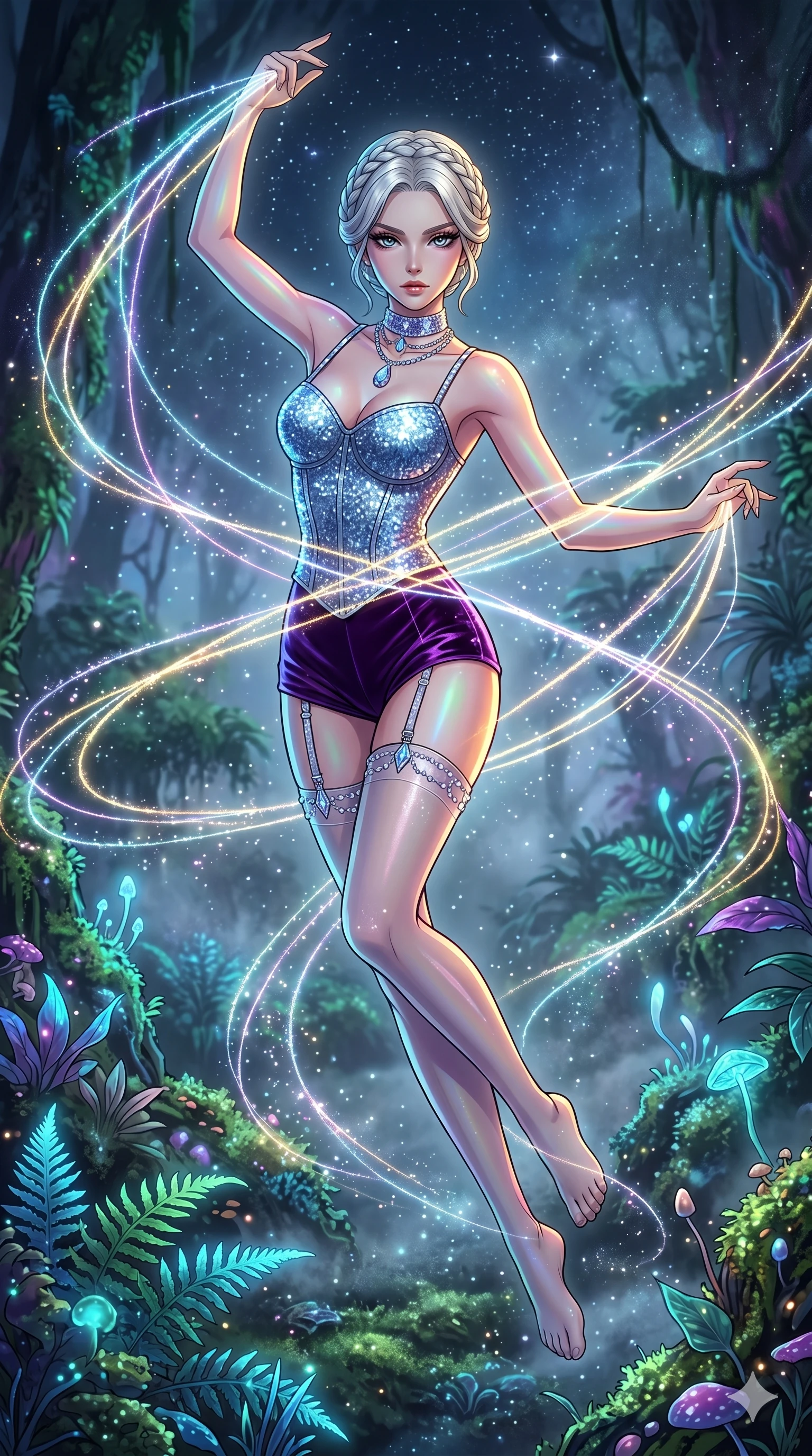 score_9, masterpiece, best quality, ultra-detailed, high-budget anime movie keyframe, cinematic anime lighting, intricate line art, Japanese anime girl. Dynamic full-body shot stretching the vertical silhouette across the 9:16 frame. weaving threads of light in a bioluminescent rainforest in a mist of stardust. She has an absolutely perfect 8-heads proportion, an exceptionally tall and slender female figure with an ultra-slim waist and impossibly long slender legs. sharp v-shaped jawline, high-bridge nose, intricate jewel-like eyes, thick eyelashes, glossy lips. Wearing luxurious K-pop idol stage outfit featuring a sparkling sequined corset, high-cut velvet shorts, and sheer silk stockings with garter belts, accessorized with crystal chokers. The scene is illuminated by dramatic atmospheric lighting and vibrant color palettes. 2k, ultra detail, master piece, 9:16 ratio