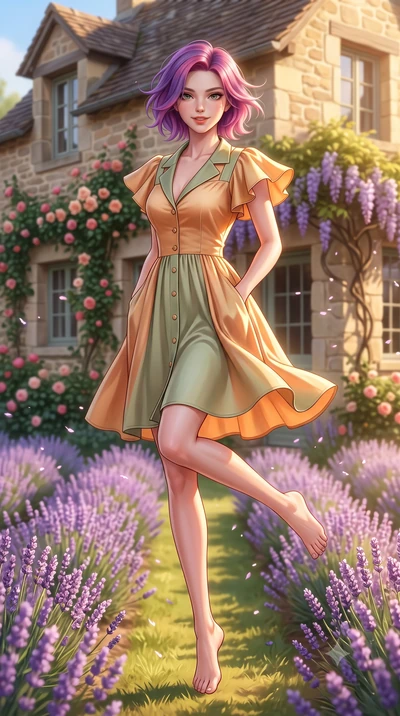 score_9, masterpiece, best quality, ultra-detailed, high-budget anime keyframe, semi-realistic 3D game render, editorial fashion photography, tasteful artistic composition, Caucasian woman. low angle full-body shot from head to toe showing her feet, 
