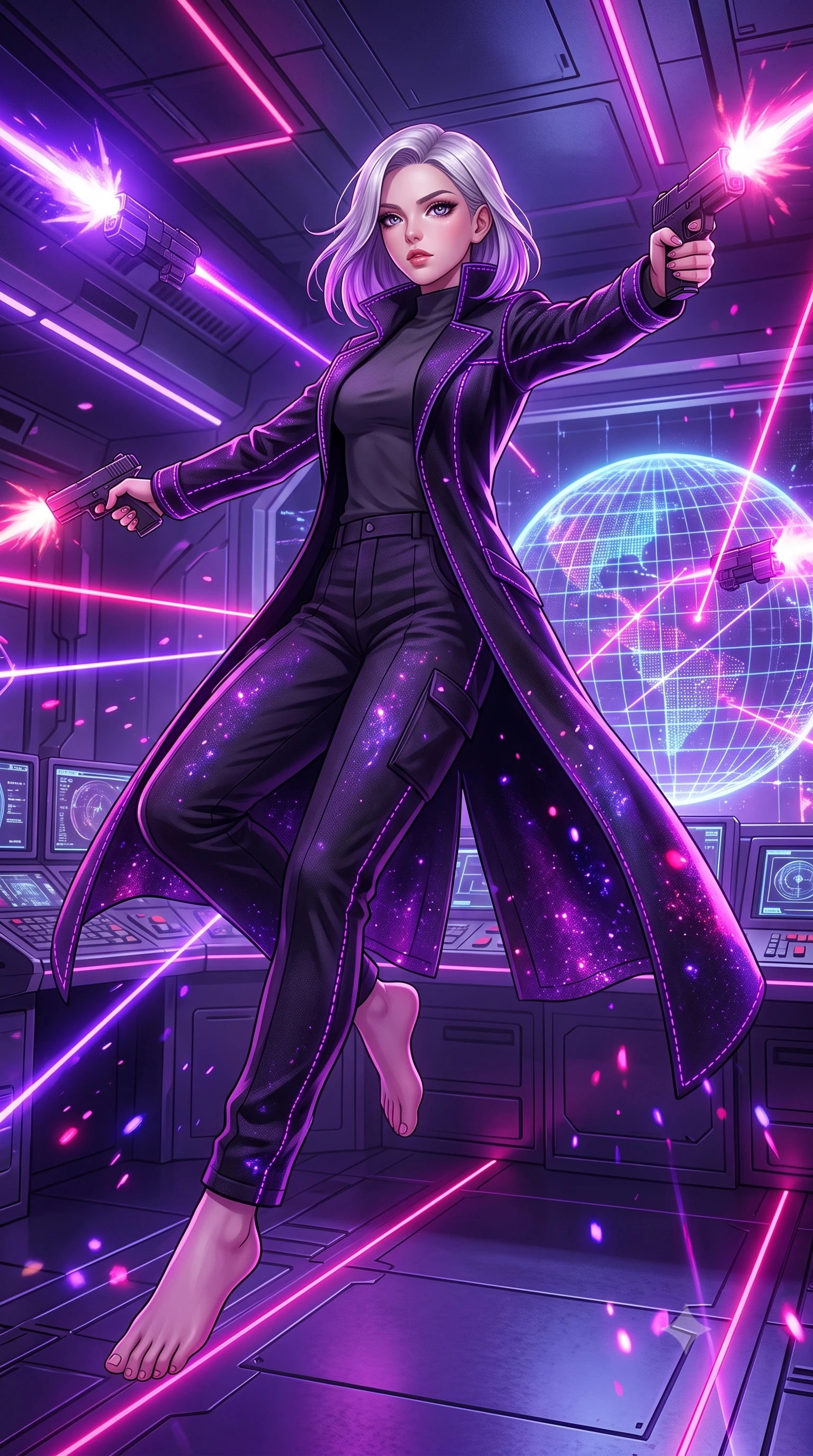 score_9, masterpiece, best quality, ultra-detailed, high-budget anime keyframe, editorial fashion photography, tasteful artistic composition, Caucasian woman, strictly human ears. low angle full-body shot from head to toe showing her feet, filling the entire 9:16 vertical frame with her statuesque presence, stretching her vertical silhouette. spinning mid-air in zero gravity to shoot in multiple directions, her silhouette stretched within a secure bunker containing the controls for a planetary shield, a holographic projection of the shield dome flickering. She has a statuesque 8.5-heads proportion, an exceptionally tall, slender and willowy model-like build with impossibly long legs and a highly sculpted ultra-slim waist. sharp v-shaped jawline, high-bridge nose, intricate jewel-like eyes with depth, thick eyelashes, glossy lips with a natural sheen. wearing catching and diffusing the glowing particles, shimmering softly in response to the surrounding light, a tailored tailored black neo-noir duster coat with integrated purple LED stitching along the seams, over a charcoal mock-neck shirt and utility slacks. highly saturated vibrant anime colors, intense vivid color palette, soft 3D volumetric shading, volumetric dynamic lighting, laser lines of violet and hot pink reflecting off surfaces casting geometric neon highlights. 2k, ultra detail, master piece, 9:16 ratio