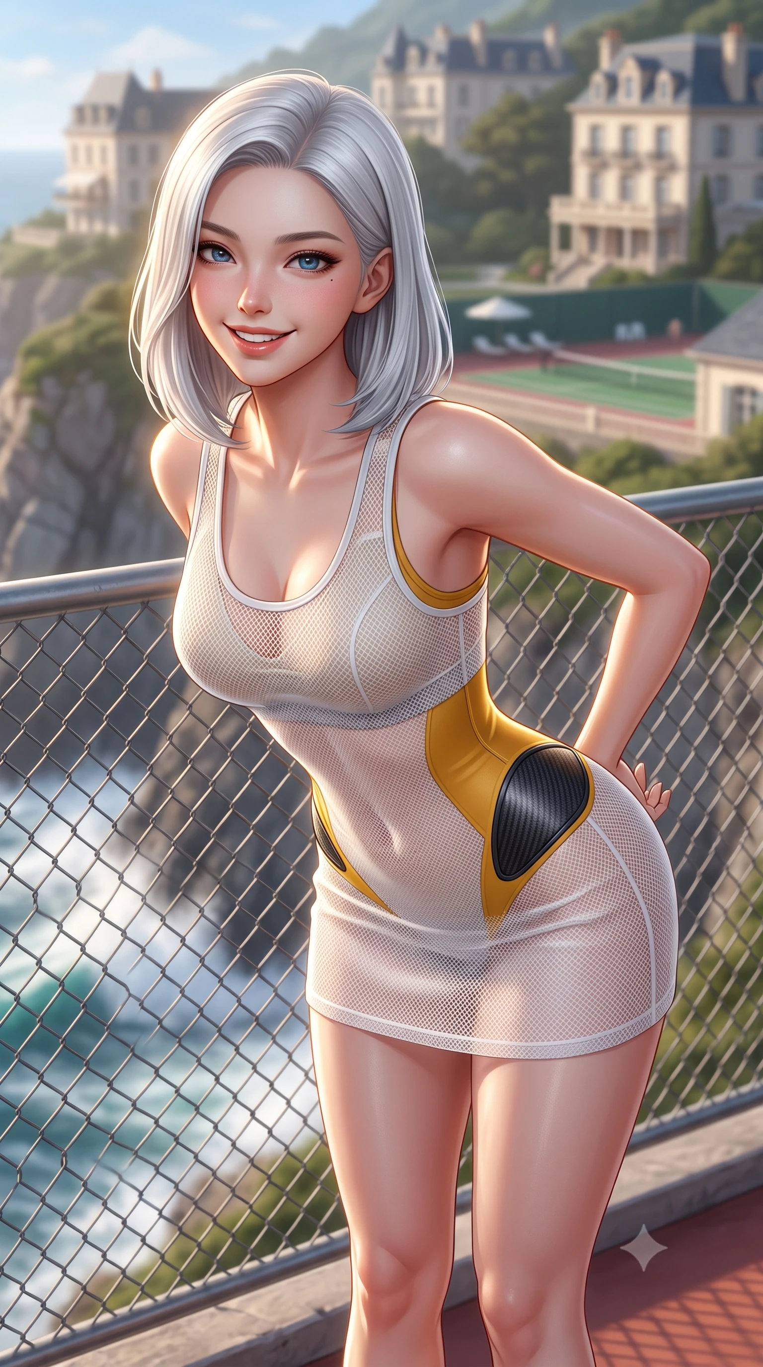 score_9, masterpiece, best quality, ultra-detailed, high-budget anime keyframe, semi-realistic 3D game render, editorial fashion photography, tasteful artistic composition, Korean woman. close-up cowboy shot from the waist and thighs up, the character dominates the composition, filling the frame with her large presence. resting both hands lightly behind her back while leaning toward the lens with a cheerful, teasing grin, her form-fitting athletic suit hugging her narrow waist and hip curve while standing at the cliffside court fence high above crashing Atlantic rollers, arching her back with dynamic athletic grace. The background shows a soft-focus Belle Époque cliffside hotel villas softened in breezy coastal country club shallow focus. She has an exceptionally elegant, slender, and willowy female figure with an ultra-slim waist, flat toned midriff, narrow ribcage, and sculpted feminine hips creating an alluring, slim hourglass silhouette without bulk. sharp v-shaped jawline, high-bridge nose, sparkling eyes with athletic focus and depth, thick curled eyelashes, glossy parted lips with a natural coral-peach sheen, bright confident and coquettish smile with alluring bedroom-eyes, exuding both youthful sporty vigor and sovereign high-society glamour, flawlessly proportioned anatomical accuracy, strict slender model proportions, natural body alignment, perfectly sculpted long slender limbs, ultra-slim waistline, clean dynamic posture without body distortion. wearing a delicate semi-sheer white mesh tennis slip dress layered over a matching sports bra, hugging her slender waist and hips in warm oatmeal beige and deep Ferrari yellow, tailored from lightweight aerodynamic carbon-fiber composite with structured weave, accented with sleek aerodynamic carbon-fiber hip pads framing her narrow waist, the glove-like aerodynamic silhouette tightly following the natural contour of her hips and long slender legs with youthful 8.5-heads elegance. illuminated by ocean surf bounce fill and sharp warm-gold rim lights defining her razor-sharp jawline, narrow waist, and curvy hips. highly saturated vibrant anime colors, detailed shading with soft gradients, rich glossy textures, high-contrast stereoscopic depth, volumetric dynamic lighting, master piece, 9:16 ratio