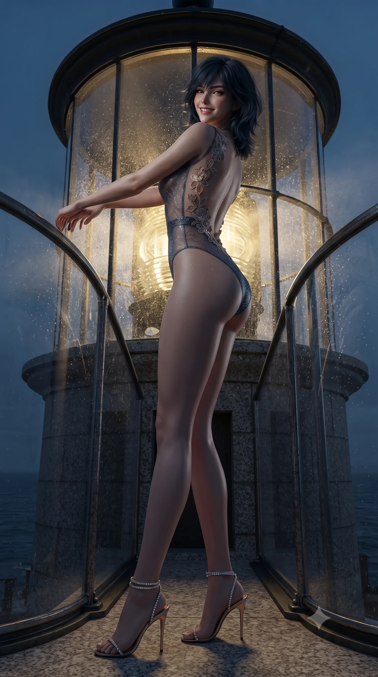 score_9, masterpiece, best quality, ultra-detailed, high-budget anime keyframe, editorial fashion photography, tasteful artistic composition, Caucasian woman. low angle full-body shot from head to toe showing her feet, filling the entire 9:16 vertical frame with her statuesque presence, stretching her vertical silhouette. leaning deep against the balcony balustrade with hips cocked back in an unapologetically alluring high-fashion stance, casting an intoxicating glance while standing poised inside the circular glass lantern room atop the historic granite lighthouse, arching her lower back with fierce diva charisma as Atlantic gale winds buffet the tower. The background shows a soft-focus fine ocean spray on curved glass softened in wild maritime fortress shallow focus. She has an exceptionally tall and slender model-like 8.5-heads proportion, an ultra-slim waist, a flat toned midriff, narrow delicate ribcage, and beautifully sculpted feminine hips creating a graceful, slim hourglass silhouette without any bulky heaviness, with impossibly long slender legs. sharp v-shaped jawline, high-bridge nose, intricate jewel-like sparkling eyes with depth, thick eyelashes, glossy parted lips with a natural peach sheen, bright cheerful beaming smile with an enchanting and coquettish sensual glint, exuding both youthful cute charm and seductive allure, flawlessly proportioned anatomical accuracy, strict slender model proportions, natural body alignment, perfectly sculpted long slender limbs, ultra-slim waistline, clean dynamic posture without body distortion. wearing an alluring backless sheer lace leotard with high-cut leg openings and delicate floral embroidery framing her spine in Lofoten midnight sun golden amber and Arctic deep navy, woven from stretch metallic lurex jersey casting radiant starlight glints across her curves, complemented by strappy stiletto sandals with crystal ankle wraps accentuating her slender calves, the impeccably tailored cut draping gracefully along her slender figure with aristocratic poise. bathed in the powerful rotating 3200K golden beam of the lighthouse lens contrasted with deep navy ocean twilight. ultra-reflective glossy finish, specular highlights, rich textural contrasts, high-contrast stereoscopic depth, volumetric dynamic lighting, 2k, ultra detail, master piece, 9:16 ratio