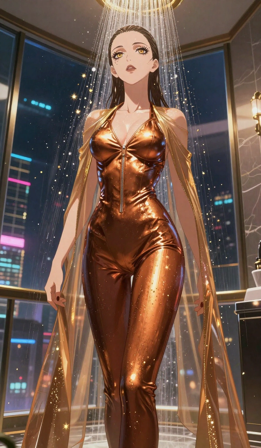 score_9, masterpiece, best quality, ultra-detailed, High-budget Anime Keyframe, Caucasian woman, strictly human ears. Low angle cowboy shot filling the entire 9:16 frame with her statuesque presence. Scenario 487: showering under a cascade of glittering gold stardust inside a luxury penthouse with floor-to-ceiling glass walls overlooking a neon grid. Her presence is magnetic and overpowering in this high-budget anime scene. Outfit 487: a form-contouring metallic copper matte vinyl jumpsuit draped with a semi-transparent chiffon cape. The clothing is designed to emphasize her exceptionally tall and slender 8-heads proportion. 8-heads proportion, towering silhouette, ultra-slim waist. sharp v-shaped jawline, intricate jewel-like eyes with depth, thick eyelashes, glossy lips. 2k, ultra detail, master piece, 9:16 ratio