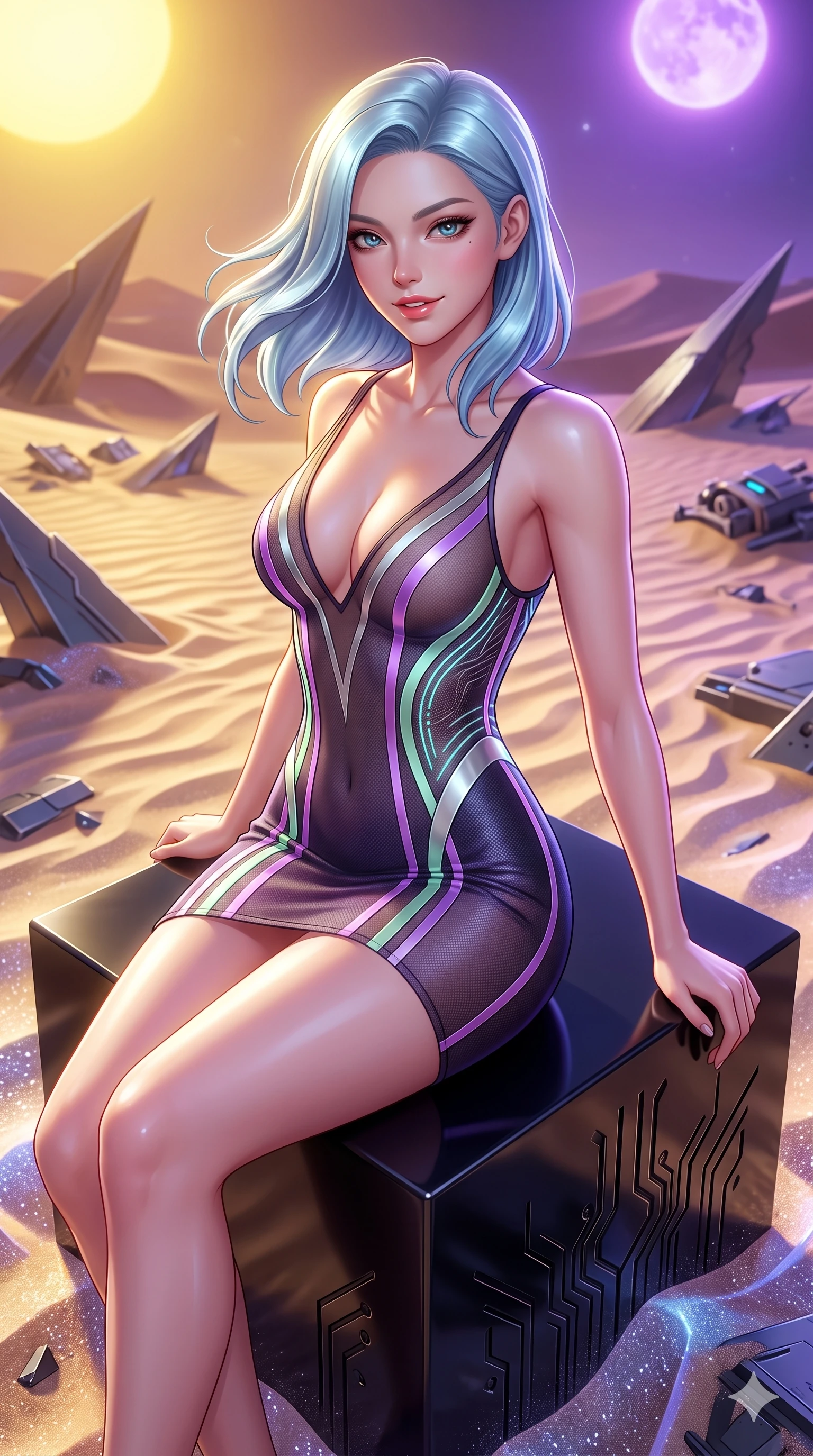 score_9, masterpiece, best quality, ultra-detailed, high-budget anime keyframe, semi-realistic 3D game render, editorial fashion photography, tasteful artistic composition, Korean woman. close-up cowboy shot from the waist and thighs up, the character dominates the composition, filling the frame with her large presence. turning slowly with an enchanting smoldering smile, her glossy hair tossing as her hips angle gracefully in a captivating contrapposto while lounging poised on a polished obsidian pedestal with legs crossed, flashing an enchanting smile with parted glossy lips as crystalline sand ripples around her. The surrounding environment is rendered in vivid detail and crisp panoramic clarity: sharp alien circuit engravings on polished obsidian stone, sand ripple textures, and metal shard bevels in deep focus. She has an exceptionally elegant, slender, and willowy female figure with an ultra-slim waist, flat toned midriff, narrow ribcage, and sculpted feminine hips creating an alluring, slim hourglass silhouette without bulk. sharp v-shaped jawline, high-bridge nose, intricate jewel-like sparkling eyes with depth, thick eyelashes, glossy parted lips with a natural sheen, bright confident smile with an enchanting and coquettish sensual glint, exuding both youthful magnetic charm and sovereign high-tech allure, flawlessly proportioned anatomical accuracy, strict slender model proportions, natural body alignment, perfectly sculpted long slender limbs, ultra-slim waistline, clean dynamic posture without body distortion. wearing a plunge-front sheer illusion technical mesh slip dress with liquid platinum ribbon stripes hugging her curves in phosphorescent ultraviolet amethyst and mint green, crafted from lightweight aerodynamic matte carbon-fiber weave with structural stiffness, accented with illuminated micro-fiber optic circuit threads tracing along her ribs and spine, the glove-like clinging cut tightly following the natural contour of her hips and long slender legs with youthful 8.5-heads elegance. bathed in the dramatic dual illumination of a golden-yellow sun and a violet-dwarf companion star creating double rim lights. highly saturated vibrant anime colors, detailed shading with soft gradients, rich glossy textures, high-contrast stereoscopic depth, volumetric dynamic lighting, master piece, 9:16 ratio